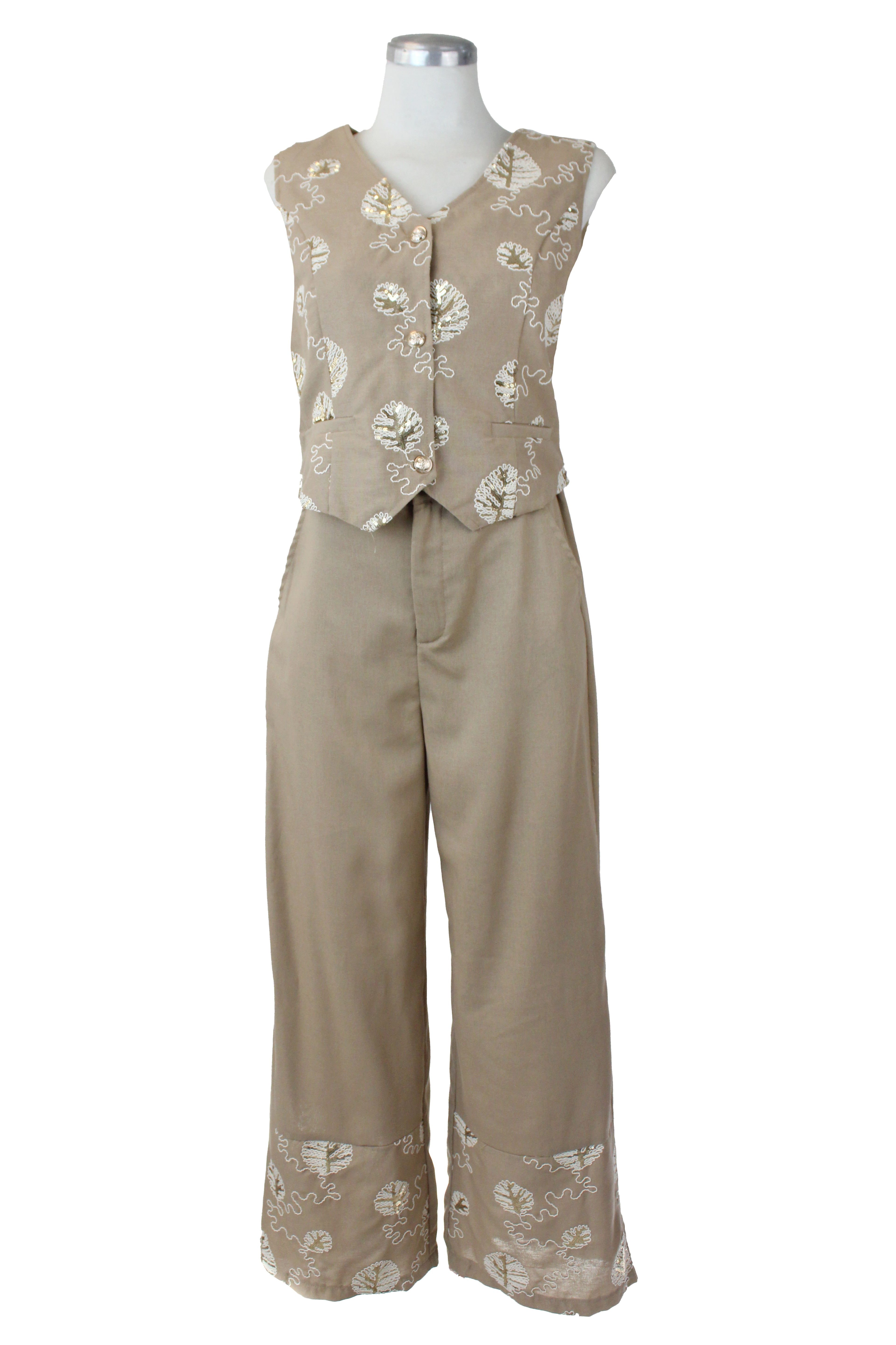 YS243 Conjunto Bordado de Hojas con Lentejuelas Chaleco Botones