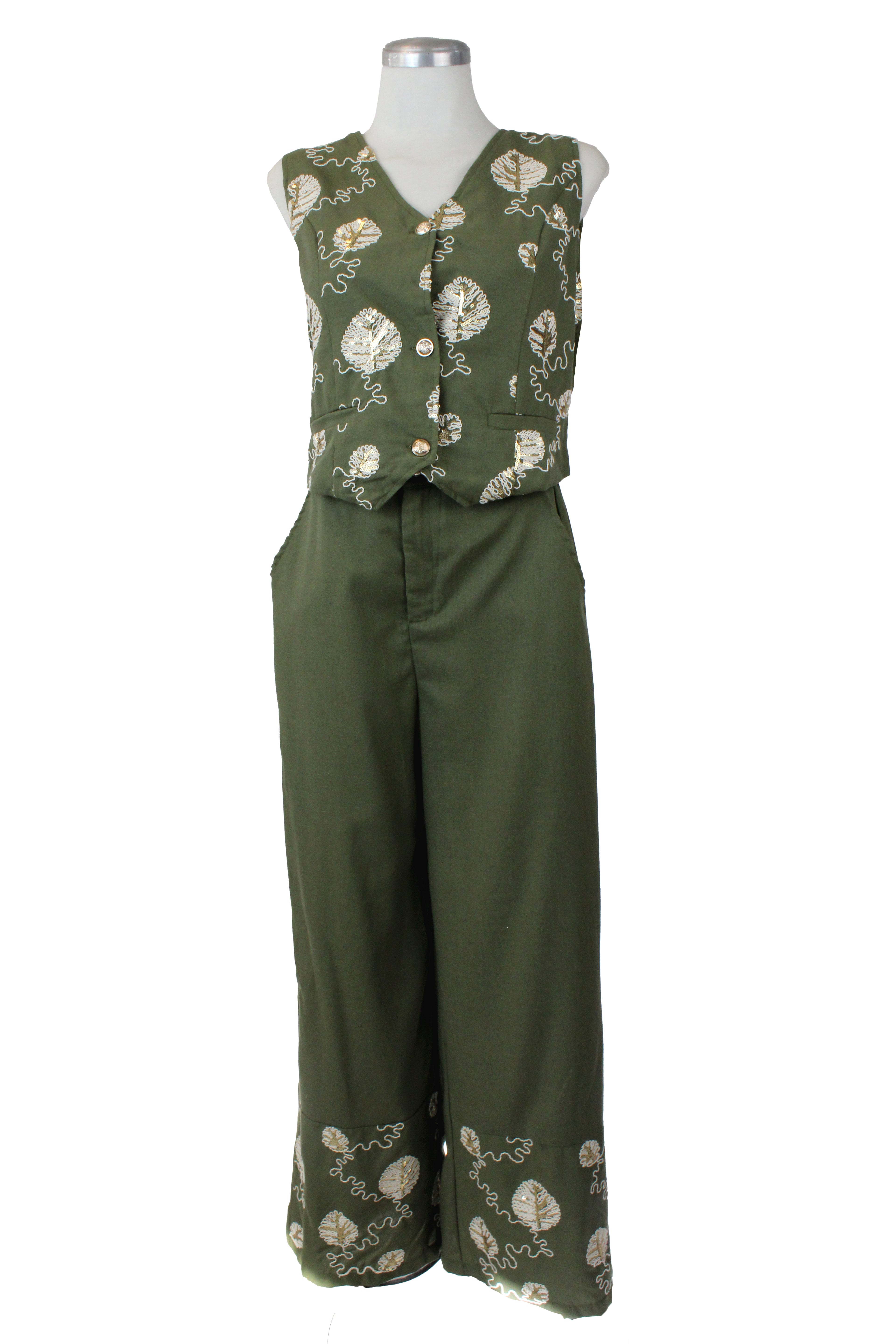 YS243 Conjunto Bordado de Hojas con Lentejuelas Chaleco Botones