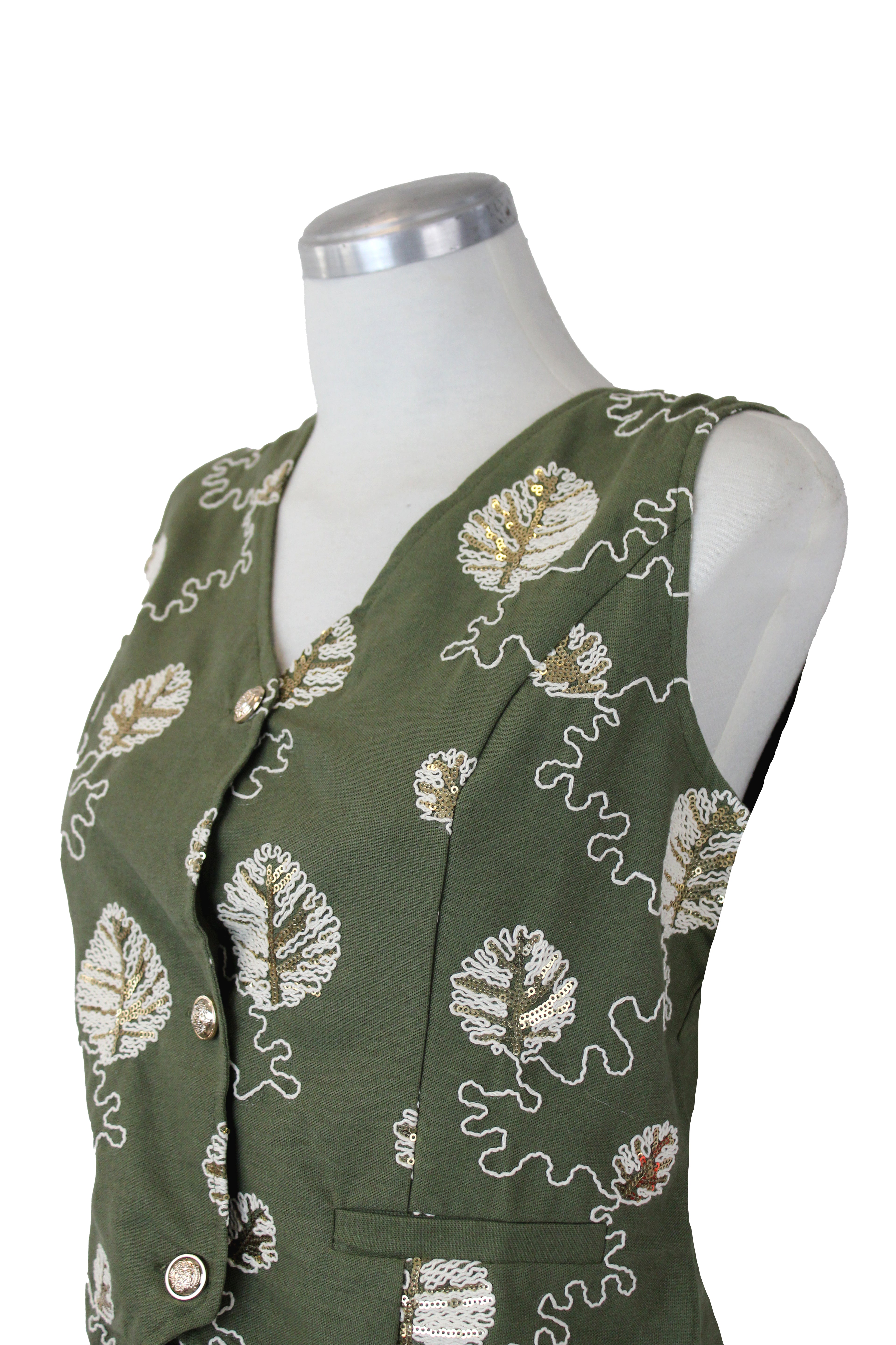 YS243 Conjunto Bordado de Hojas con Lentejuelas Chaleco Botones