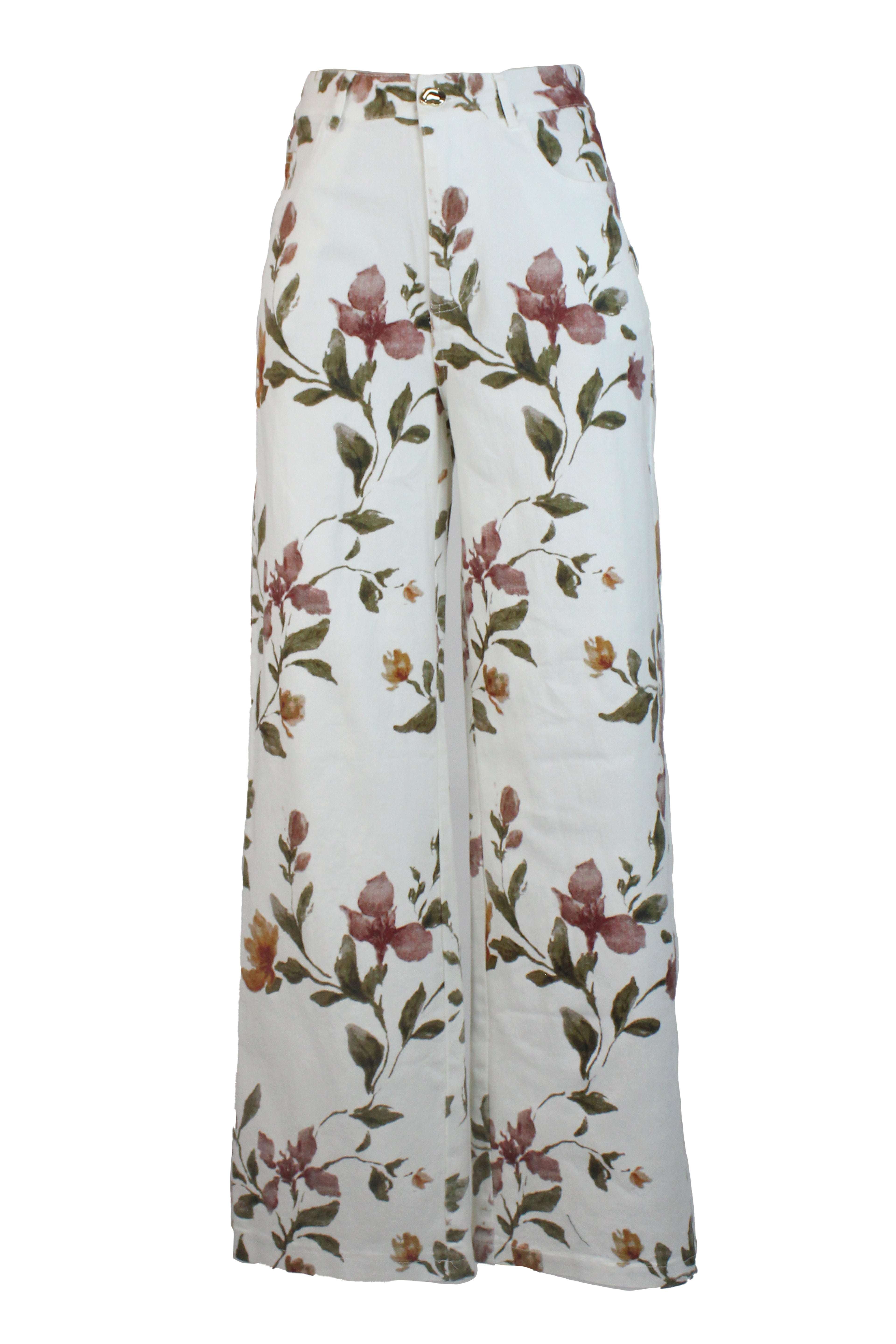 PS1011 Pantalón Recto Estampado Flores Botón Irregular