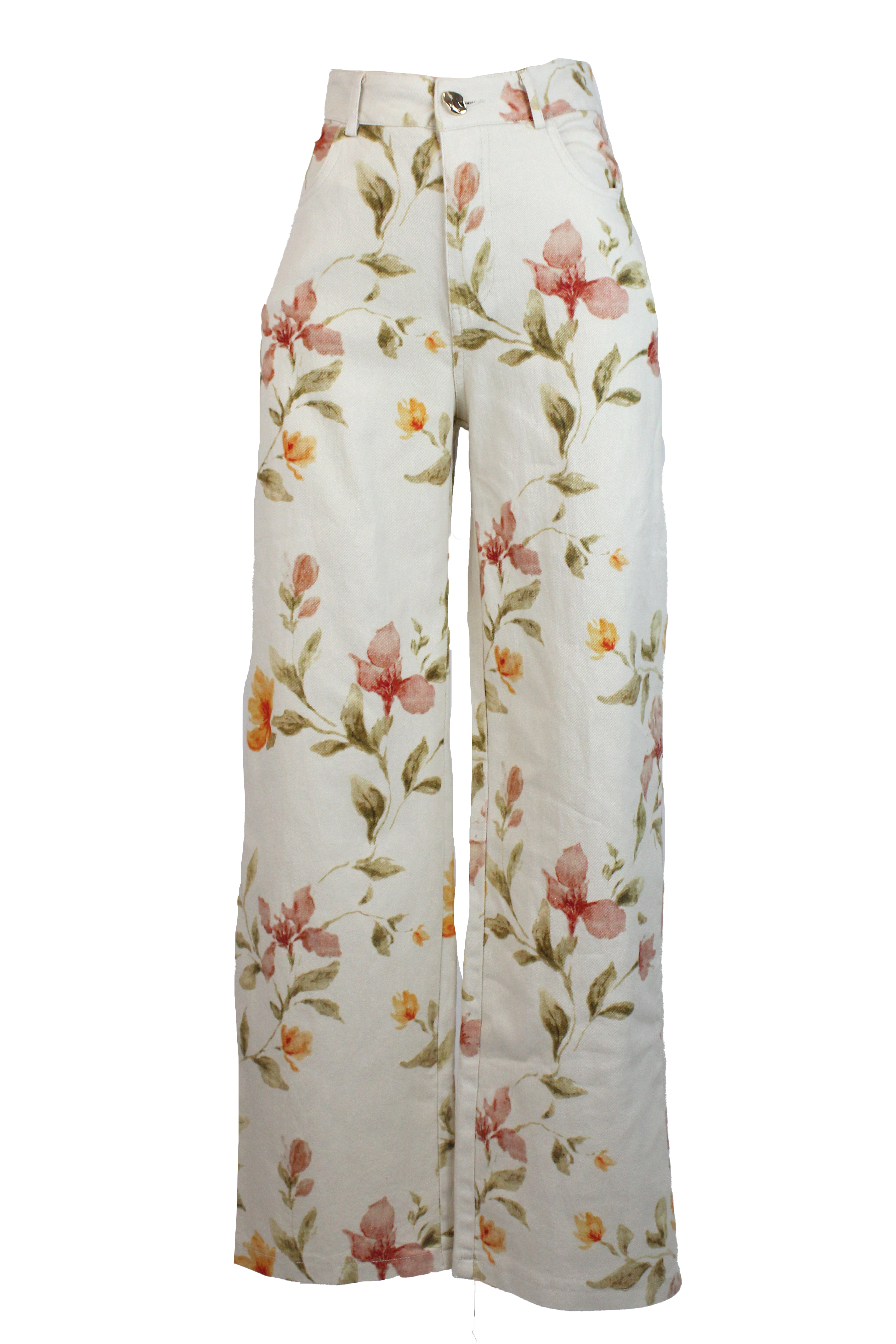 PS1011 Pantalón Recto Estampado Flores Botón Irregular