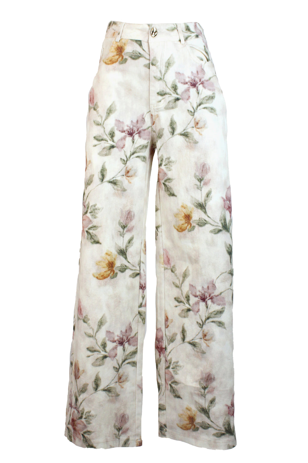 PS1011 Pantalón Recto Estampado Flores Botón Irregular