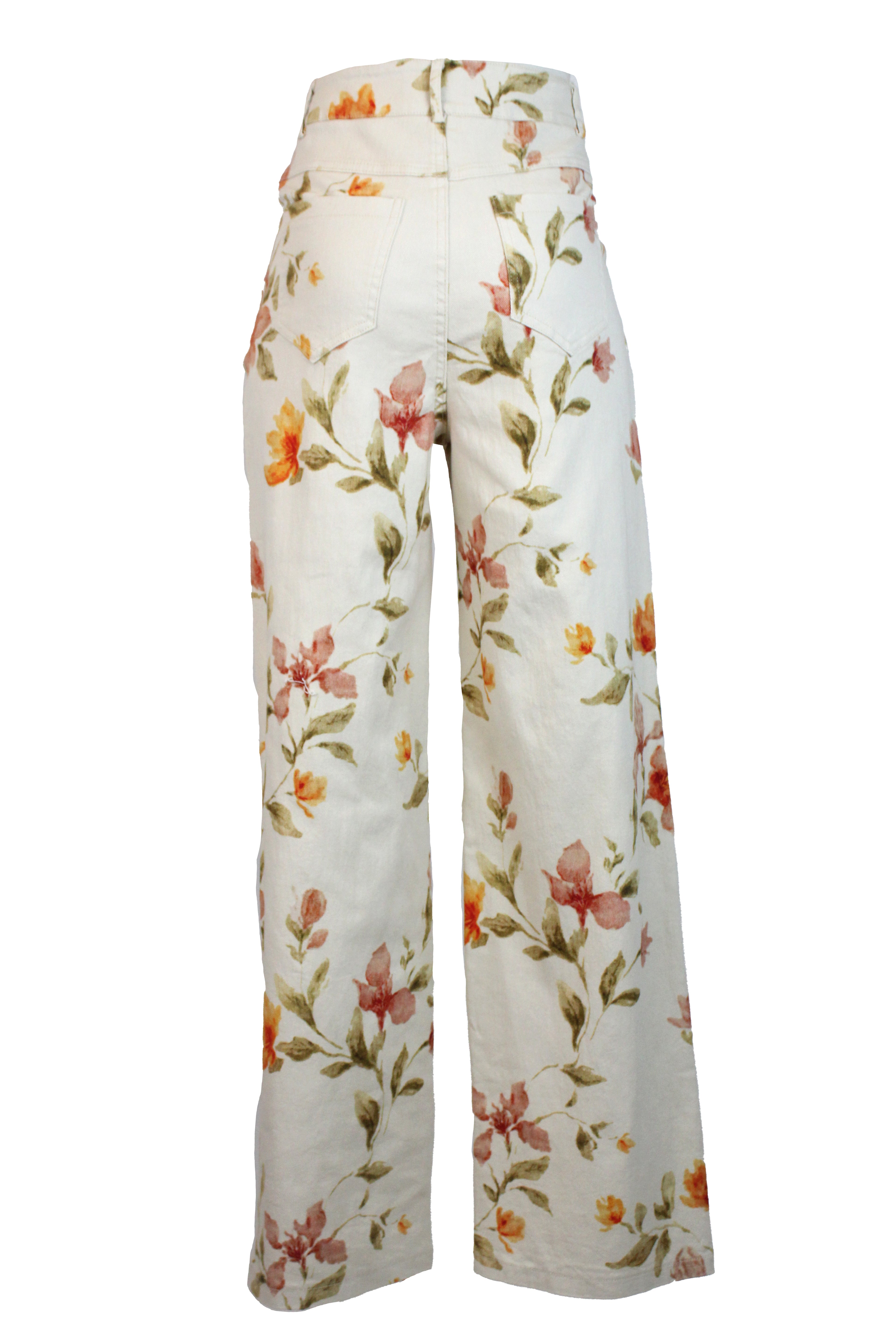 PS1011 Pantalón Recto Estampado Flores Botón Irregular