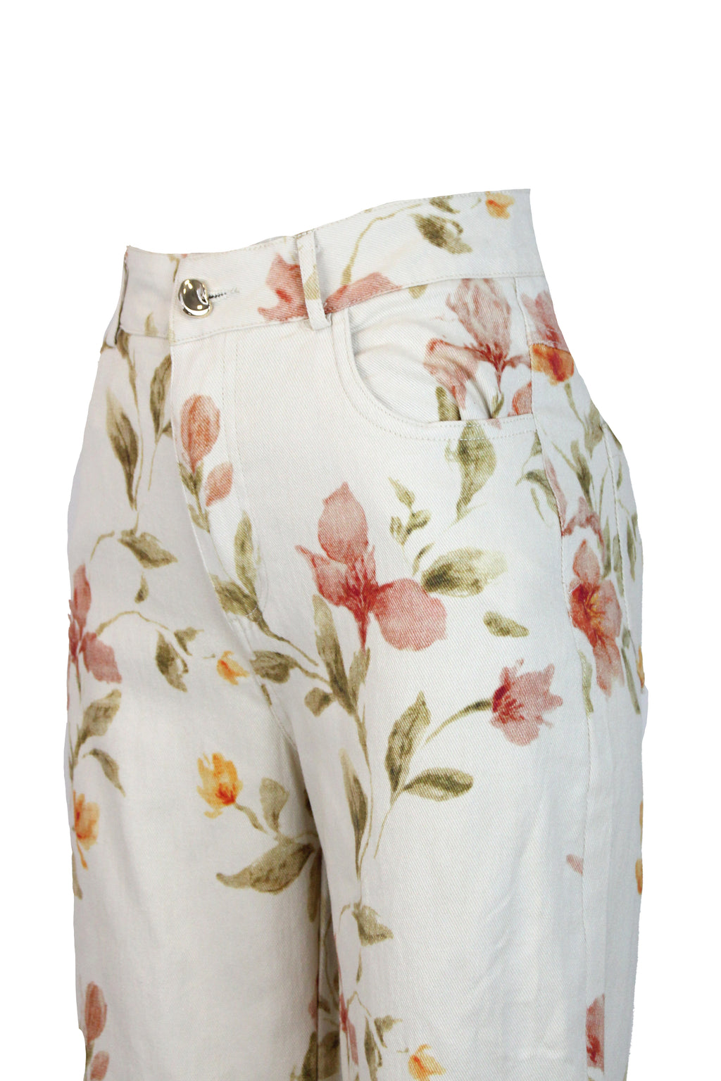 PS1011 Pantalón Recto Estampado Flores Botón Irregular