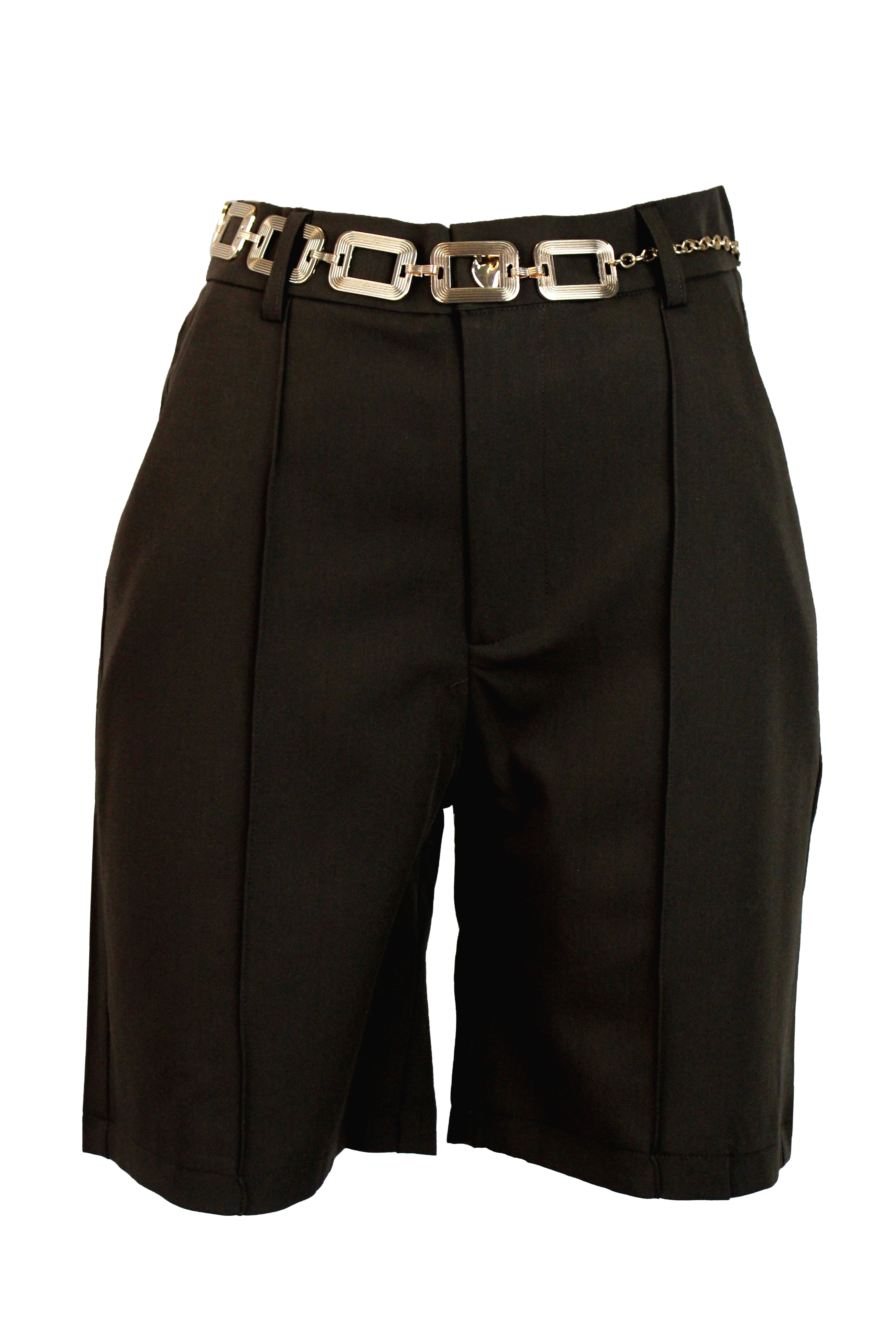 PS1019 Short de Vestir Largo Botón Grande de Café con Cinto