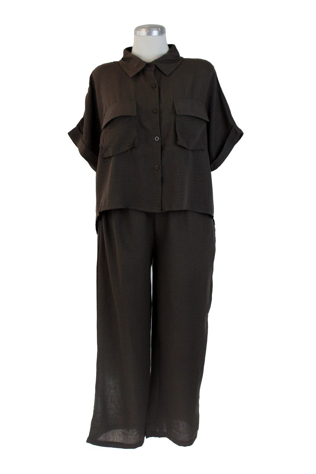 EU278 Conjunto Camisero Blusa Abotonada con Blosas