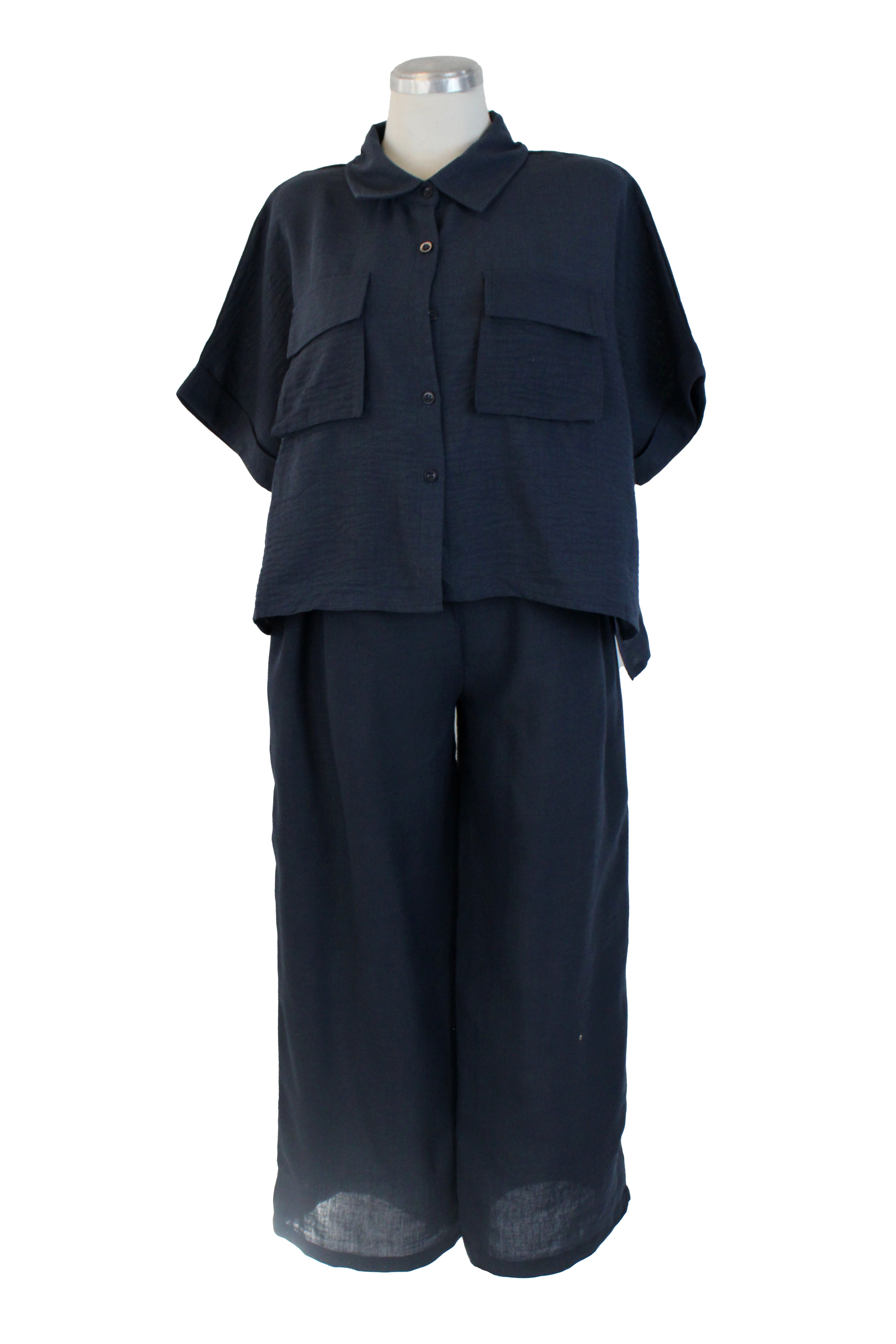 EU278 Conjunto Camisero Blusa Abotonada con Blosas