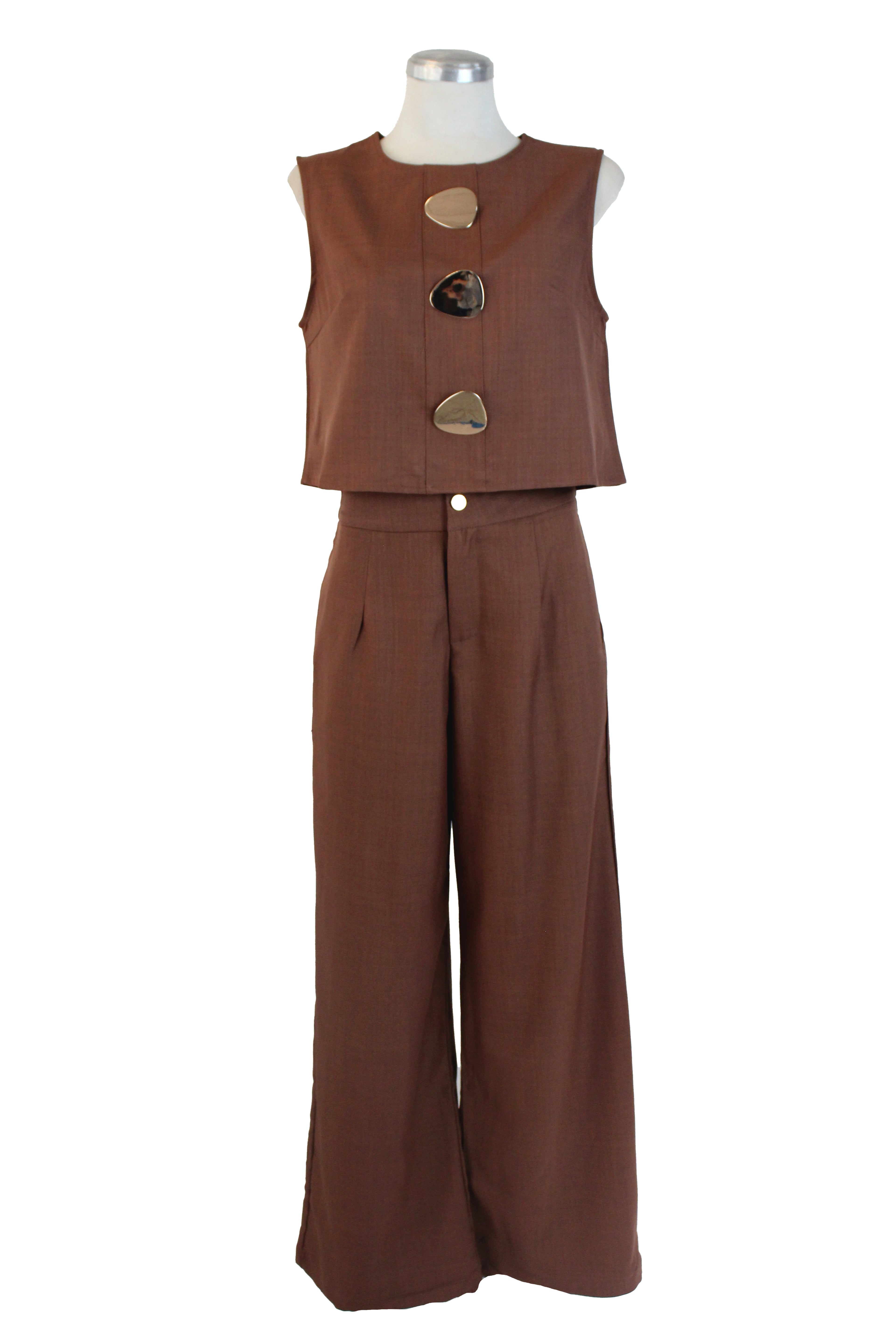 YY2332 Conjunto Liso Blusa sin Mangas Raya Central