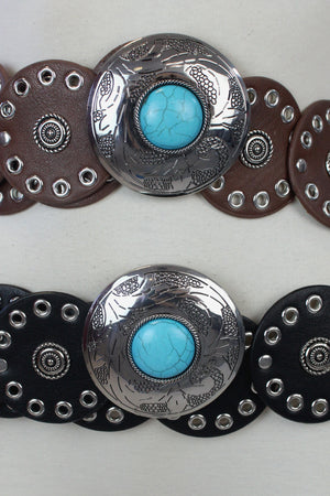 8070 Cinto Discos con Estoperoles Hebilla con Piedra Turquesa