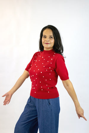 2568 Blusa Cuello Punteado Decoración Perlas