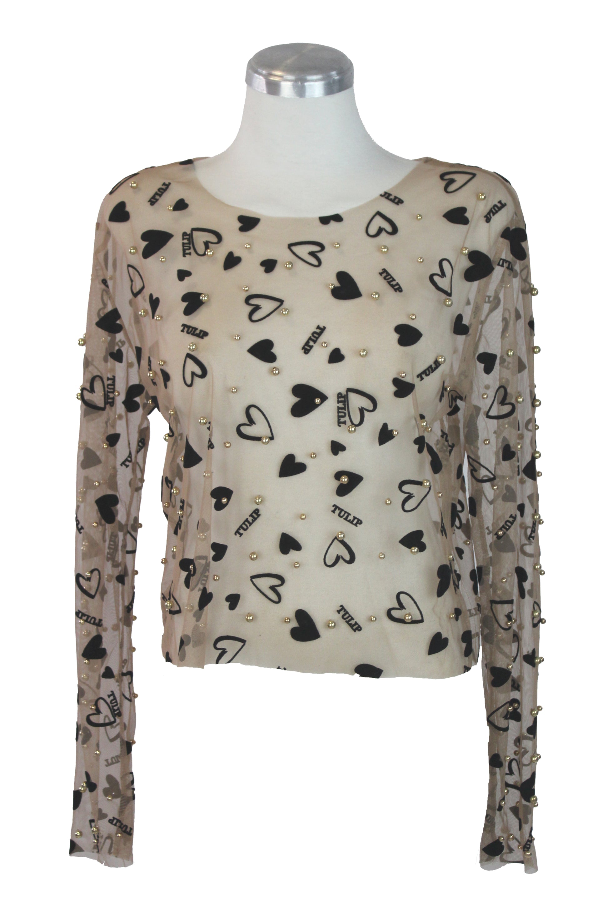 M60203 Blusa Con Transparencia Perlas y Corazones