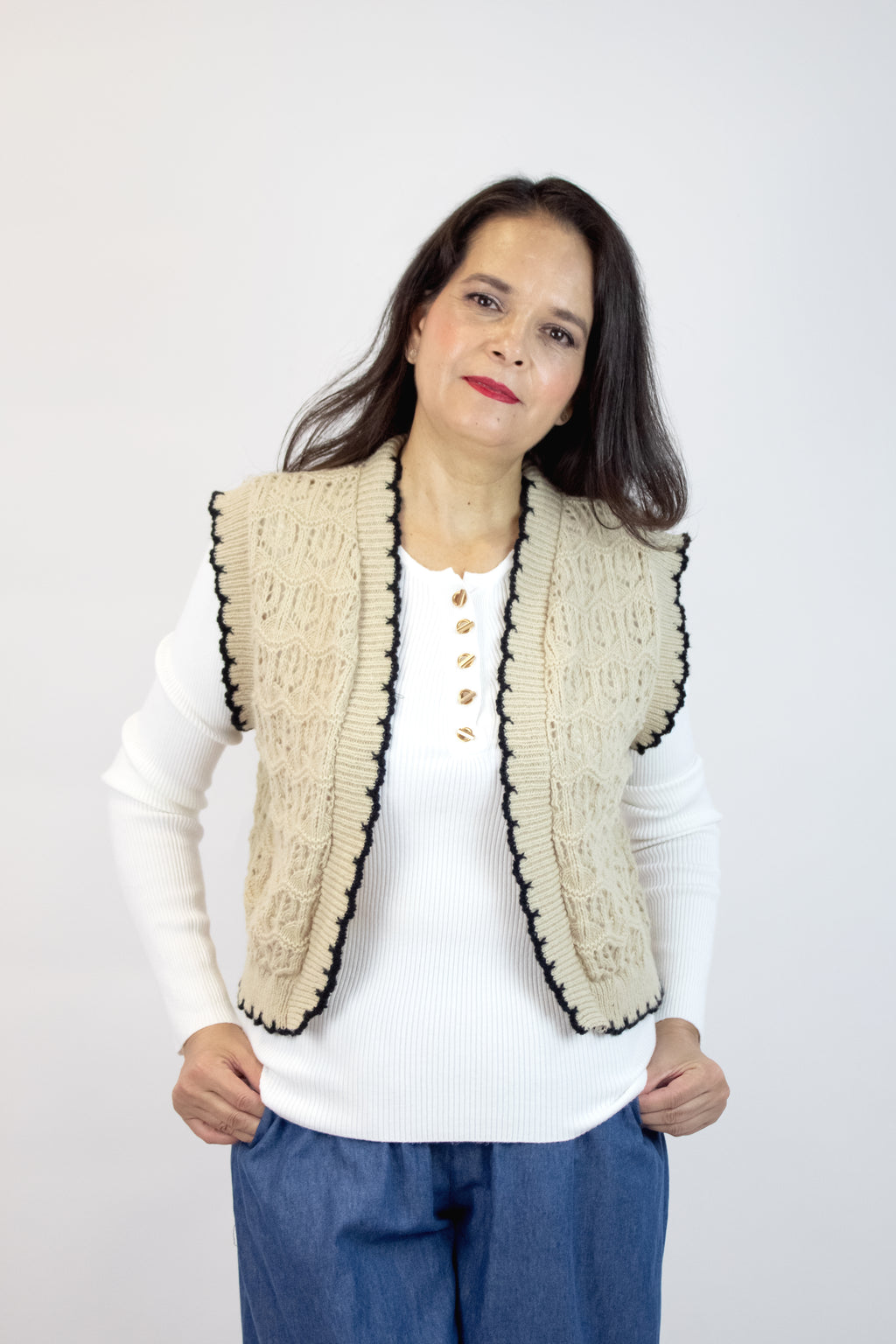 2527 chaleco Tejido Abierto Bordes Hondeados