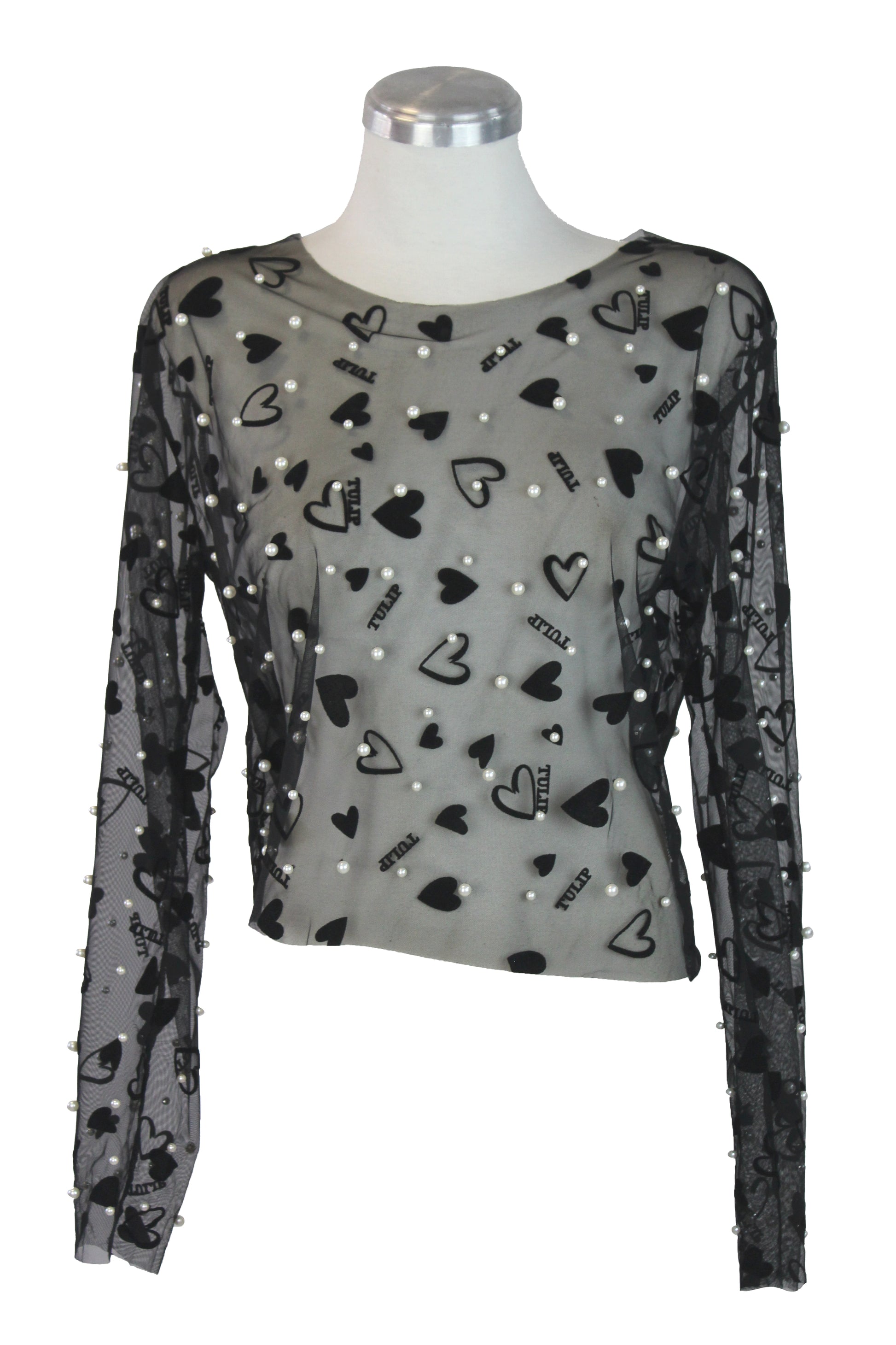 M60203 Blusa Con Transparencia Perlas y Corazones