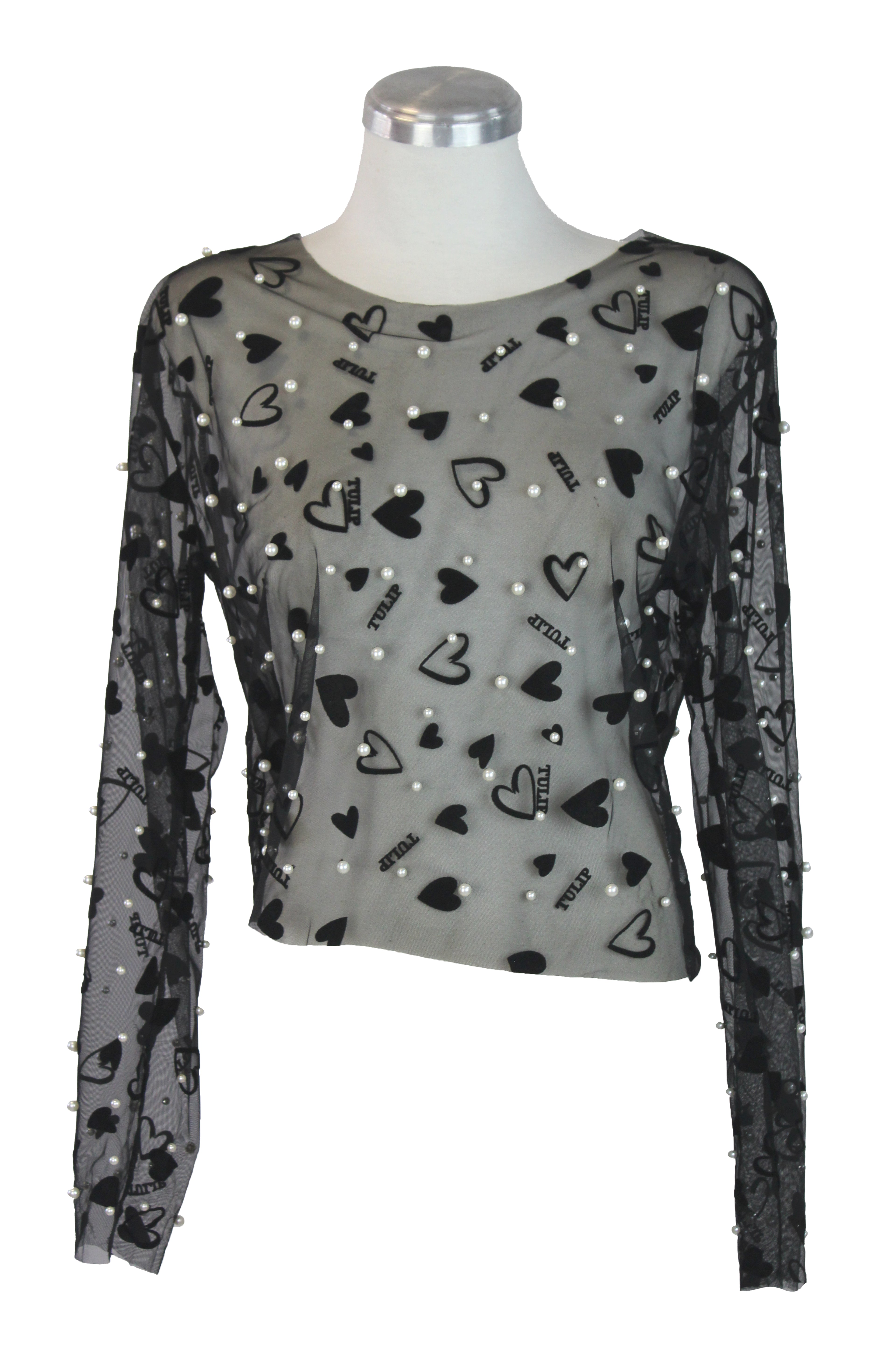 M60203 Blusa Con Transparencia Perlas y Corazones