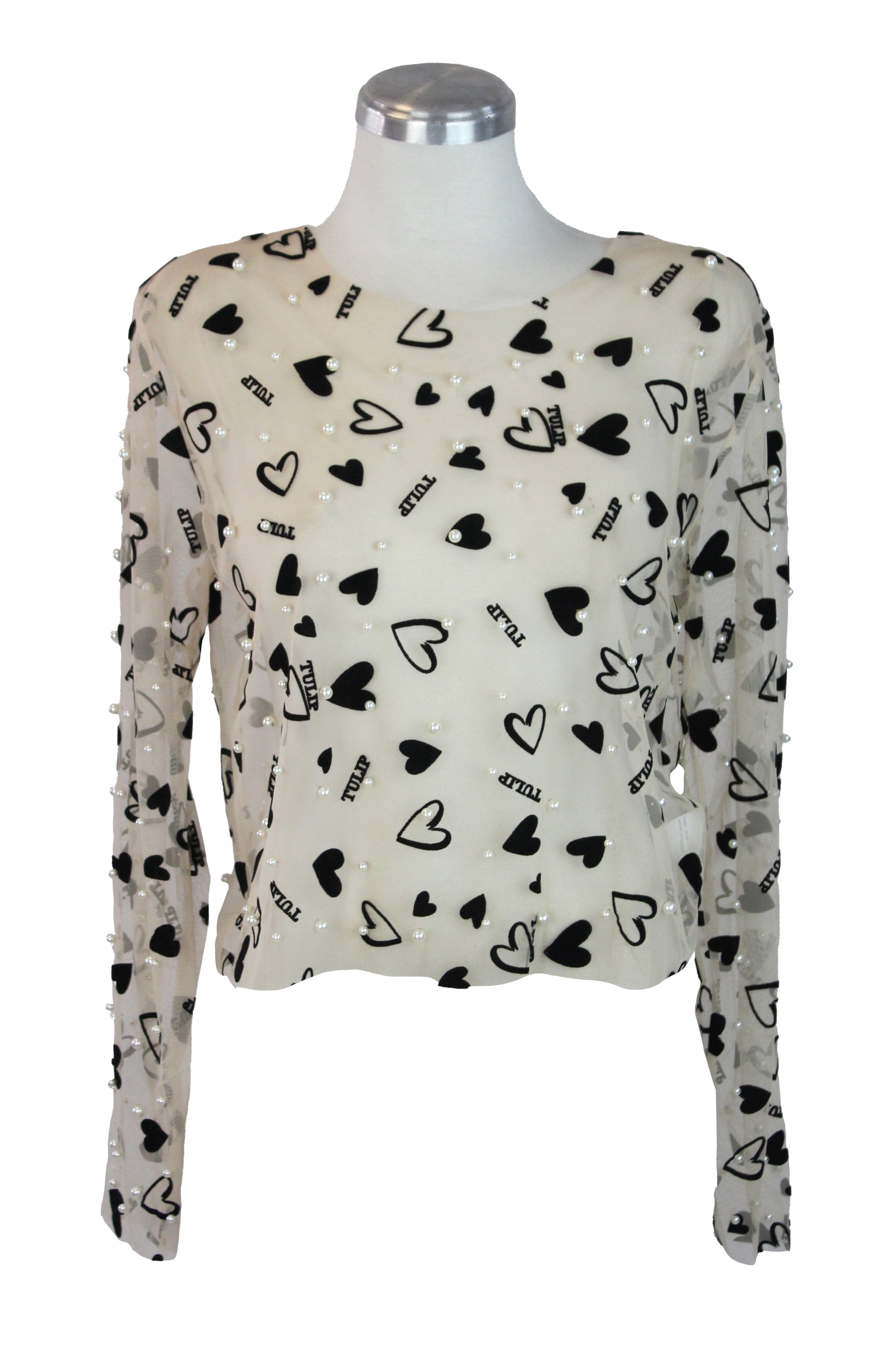 M60203 Blusa Con Transparencia Perlas y Corazones