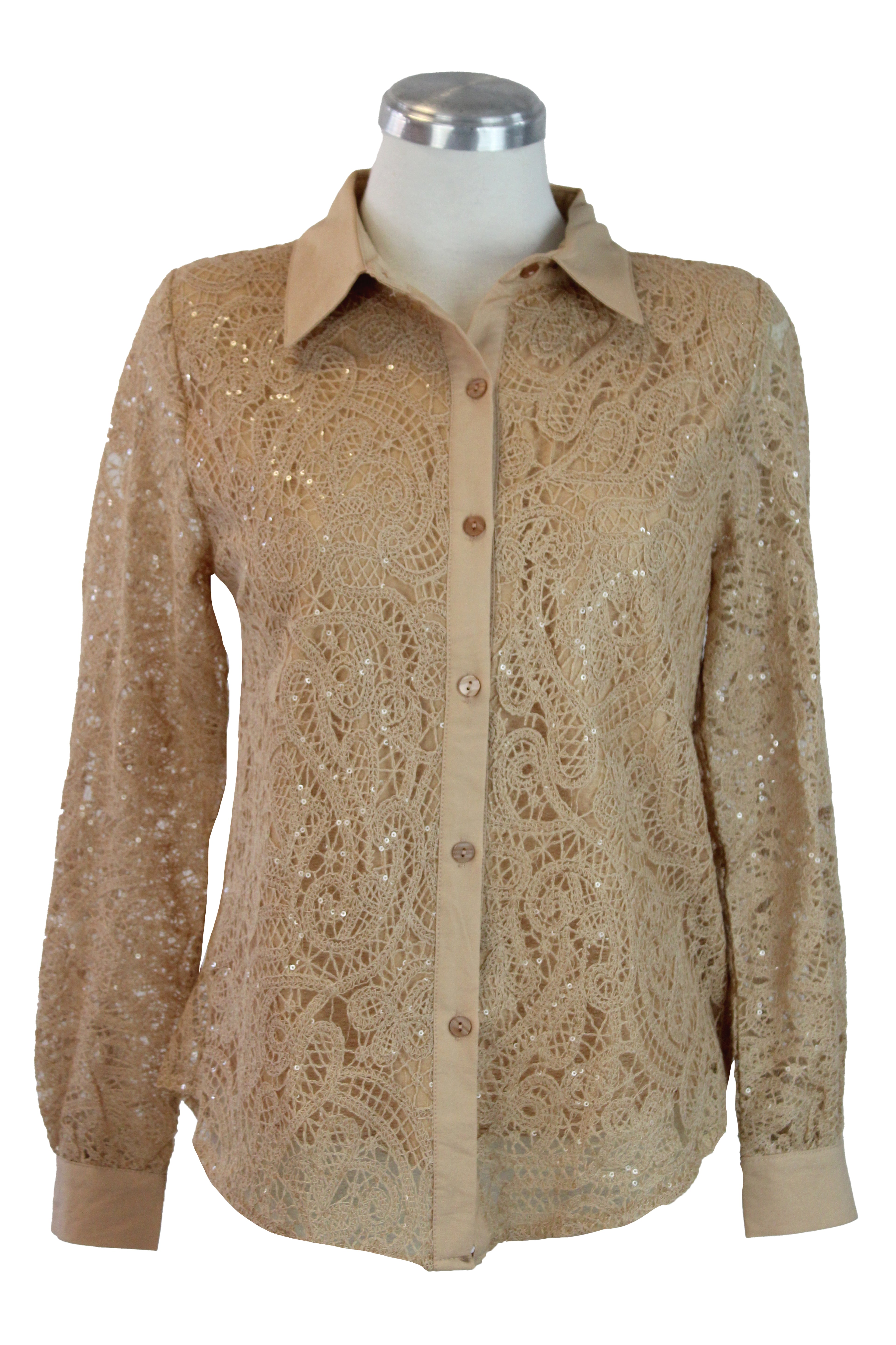 076-XMY25 Camisa Encaje Con Lentejuela Y Transparencia en Manga