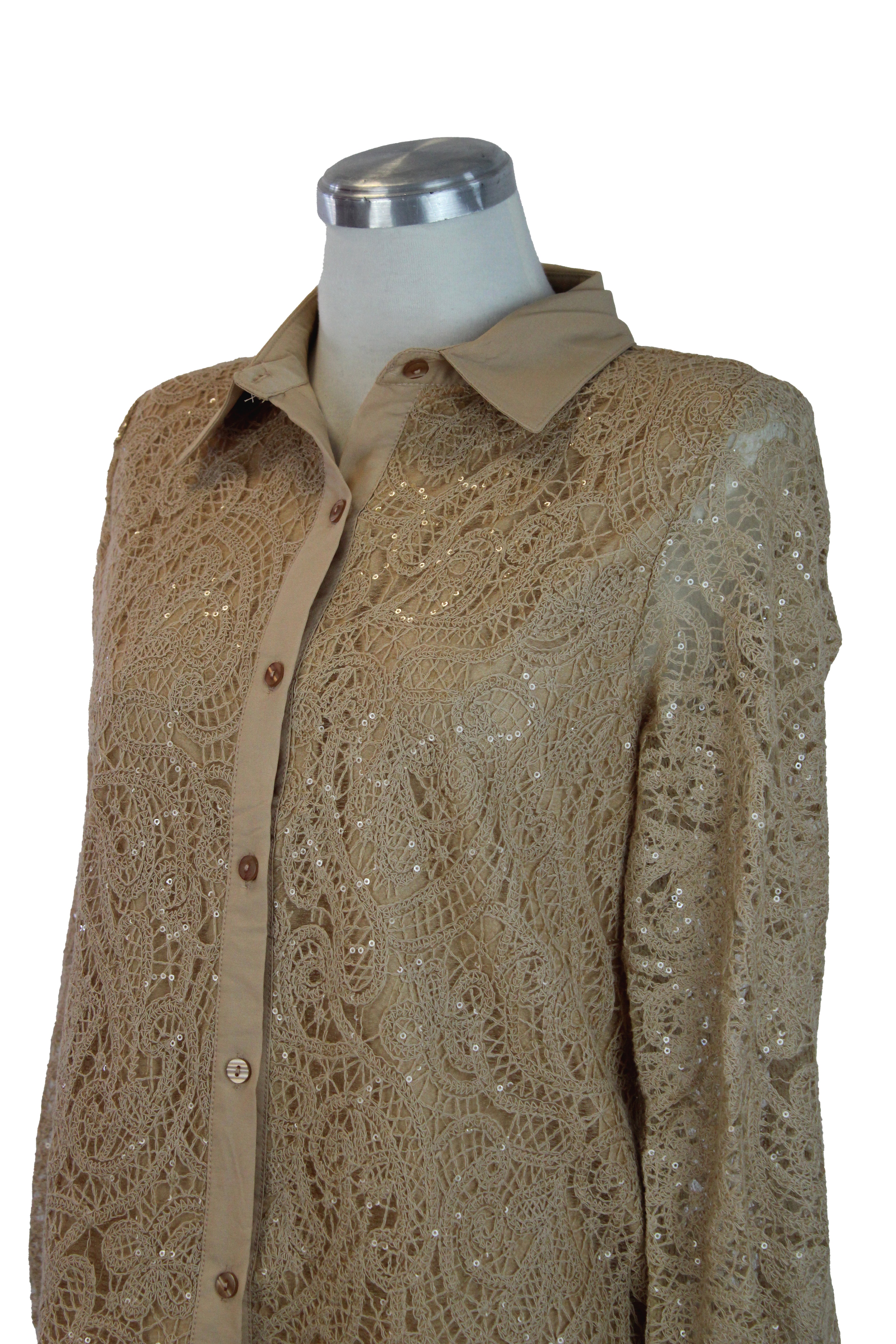 076-XMY25 Camisa Encaje Con Lentejuela Y Transparencia en Manga