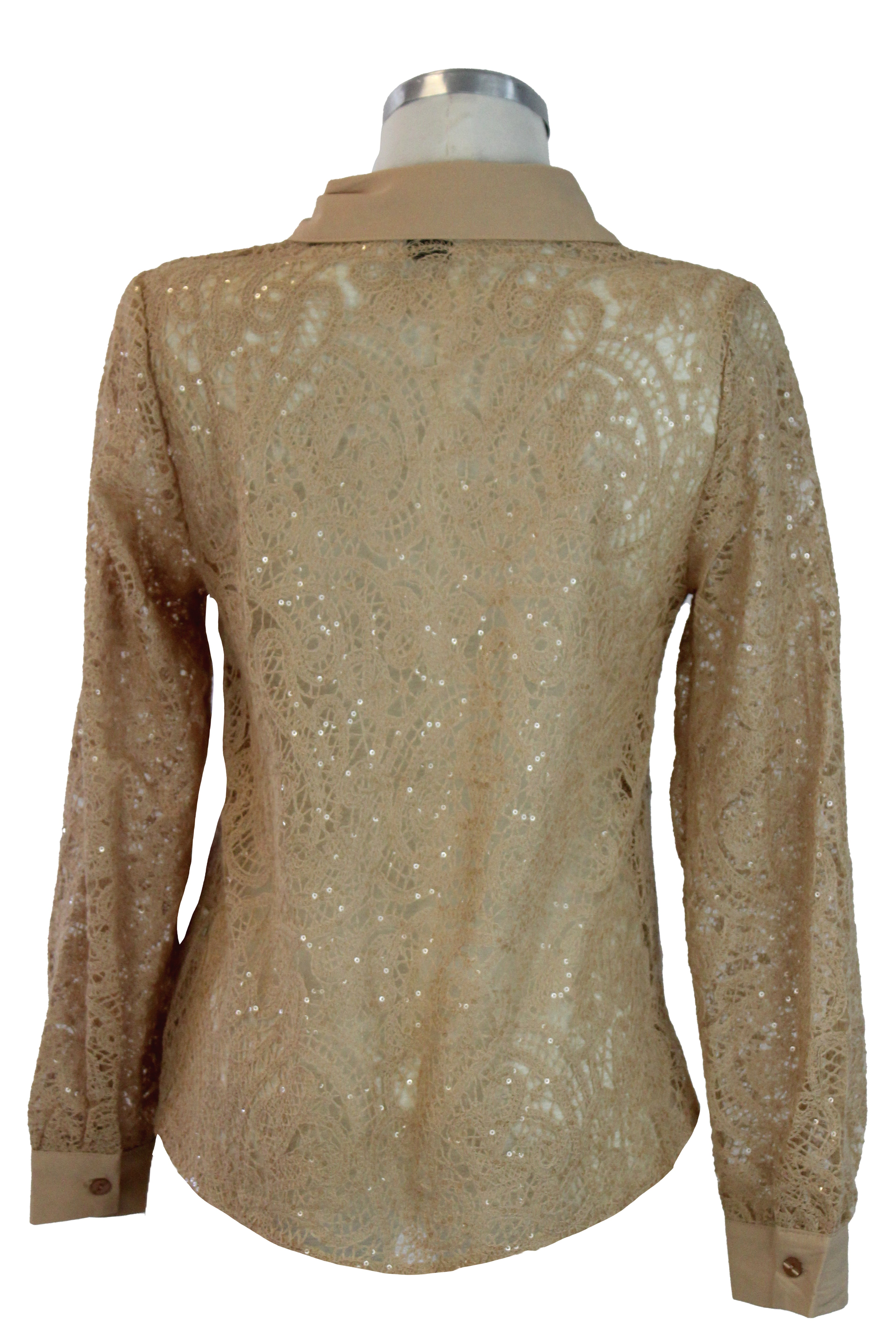 076-XMY25 Camisa Encaje Con Lentejuela Y Transparencia en Manga