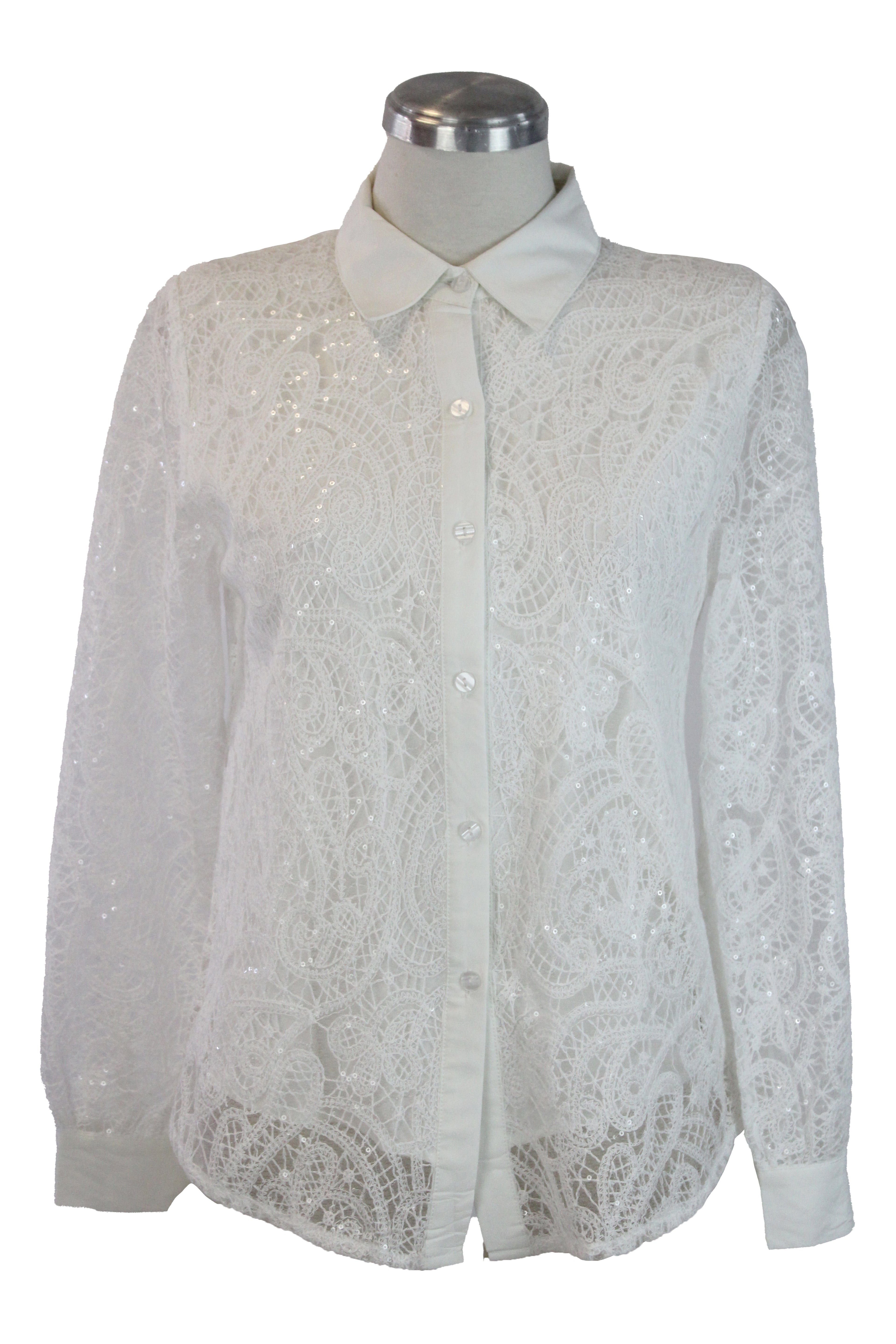 076-XMY25 Camisa Encaje Con Lentejuela Y Transparencia en Manga