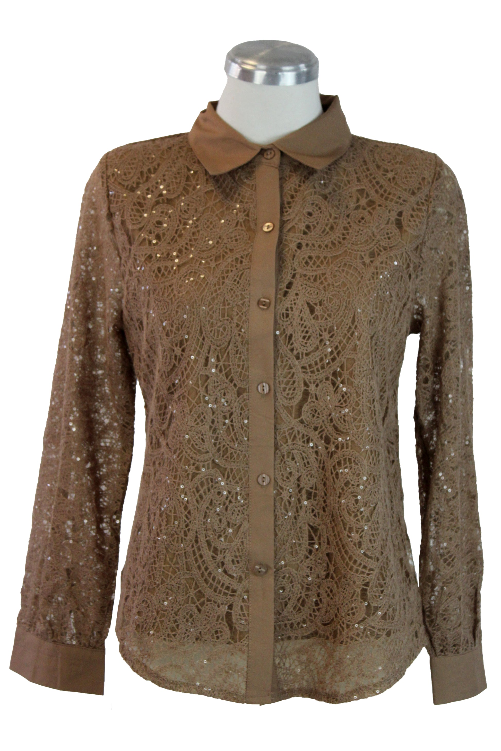 076-XMY25 Camisa Encaje Con Lentejuela Y Transparencia en Manga