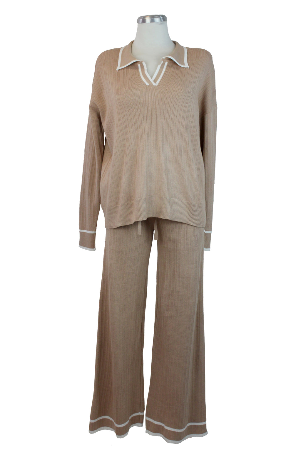 MZ-25146 Conjunto Suéter Cuello Tipo Camisa Rayas Laterales