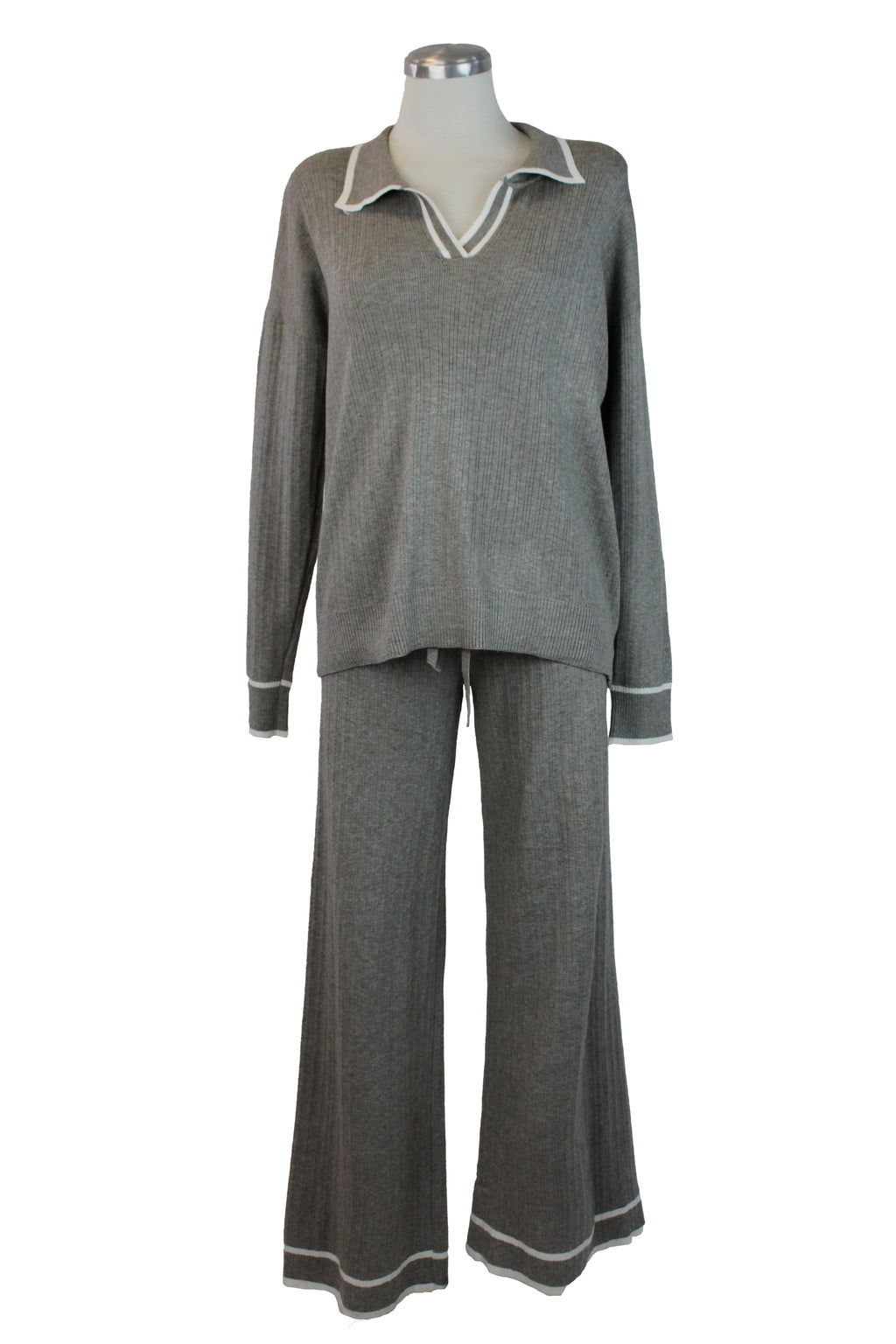 MZ-25146 Conjunto Suéter Cuello Tipo Camisa Rayas Laterales