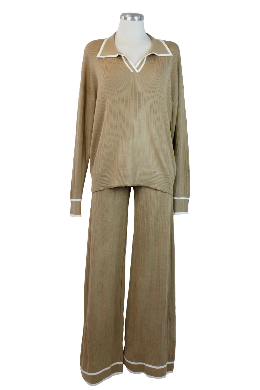 MZ-25146 Conjunto Suéter Cuello Tipo Camisa Rayas Laterales