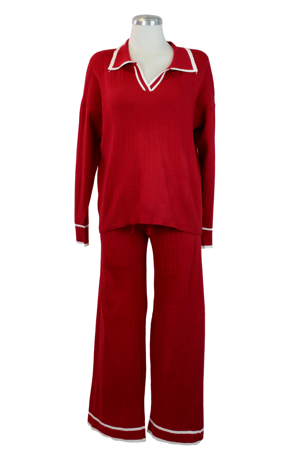 MZ-25146 Conjunto Suéter Cuello Tipo Camisa Rayas Laterales