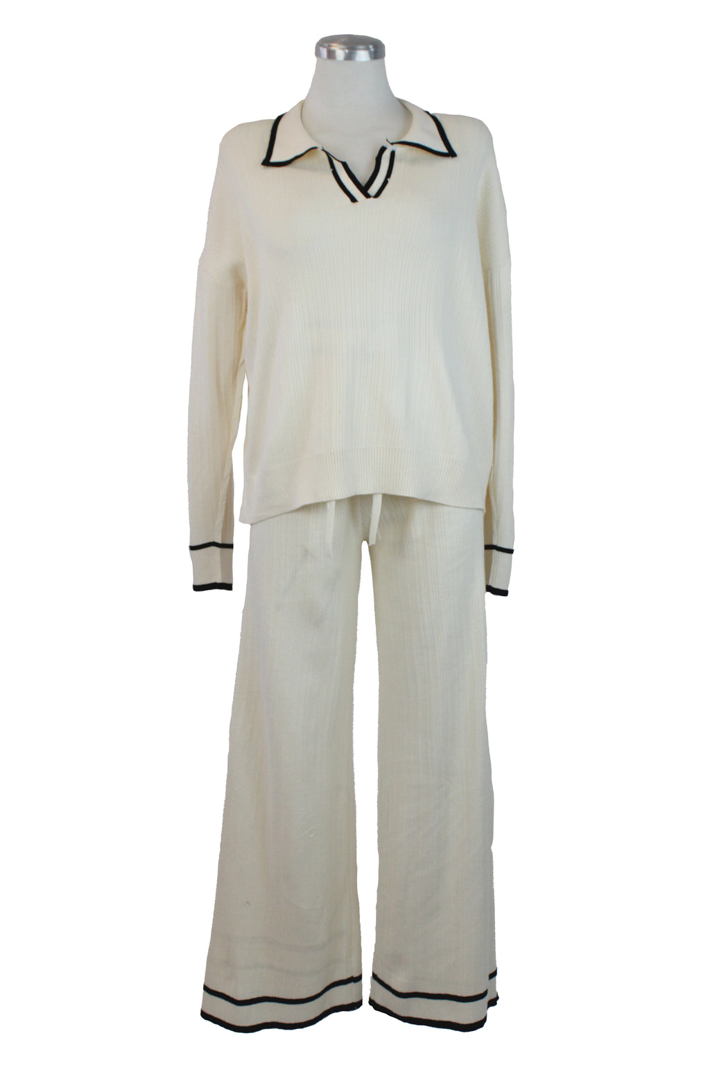 MZ-25146 Conjunto Suéter Cuello Tipo Camisa Rayas Laterales