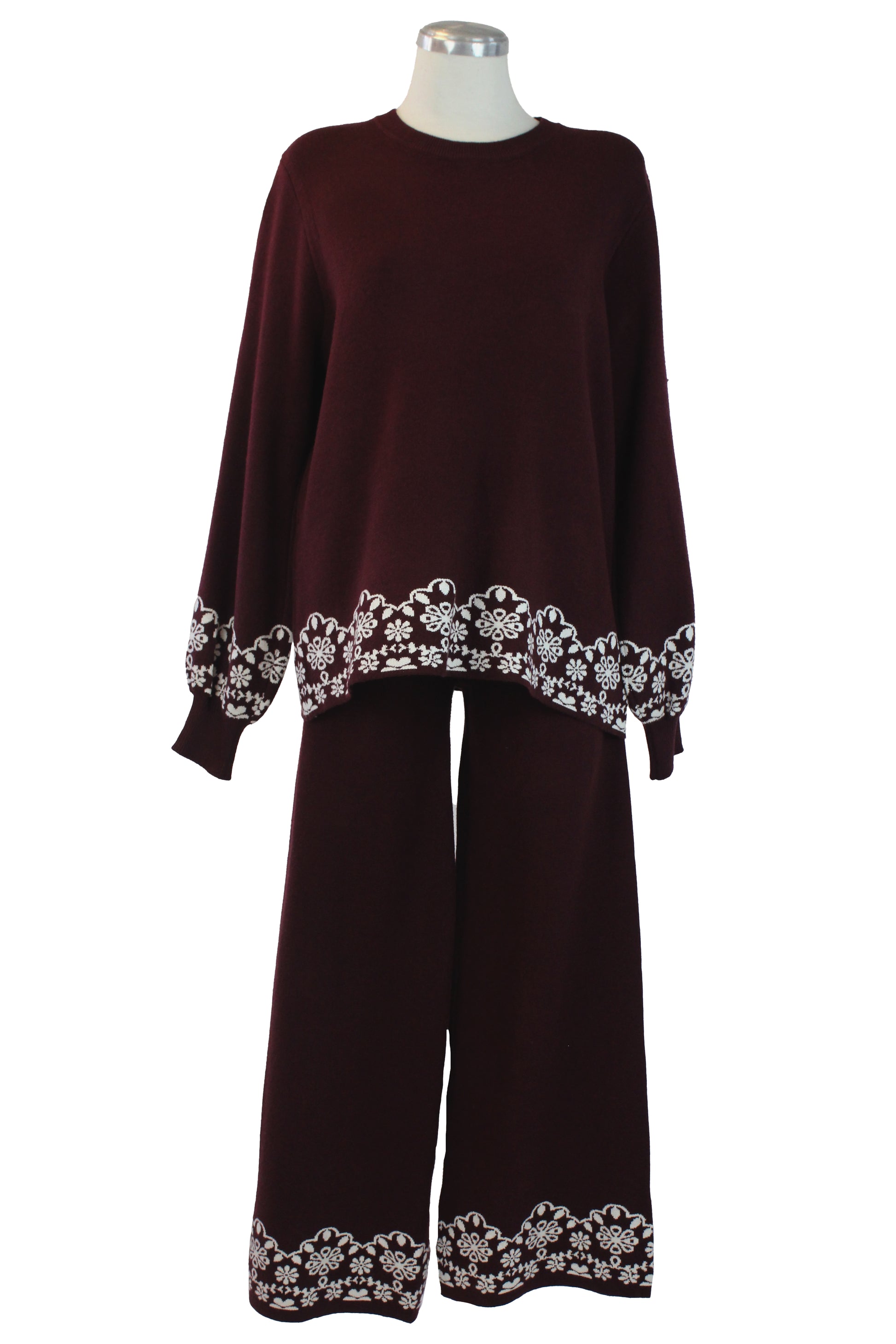 ZM-11802 Conjunto de Suéter y Pantalón con Orilla Encaje Flores