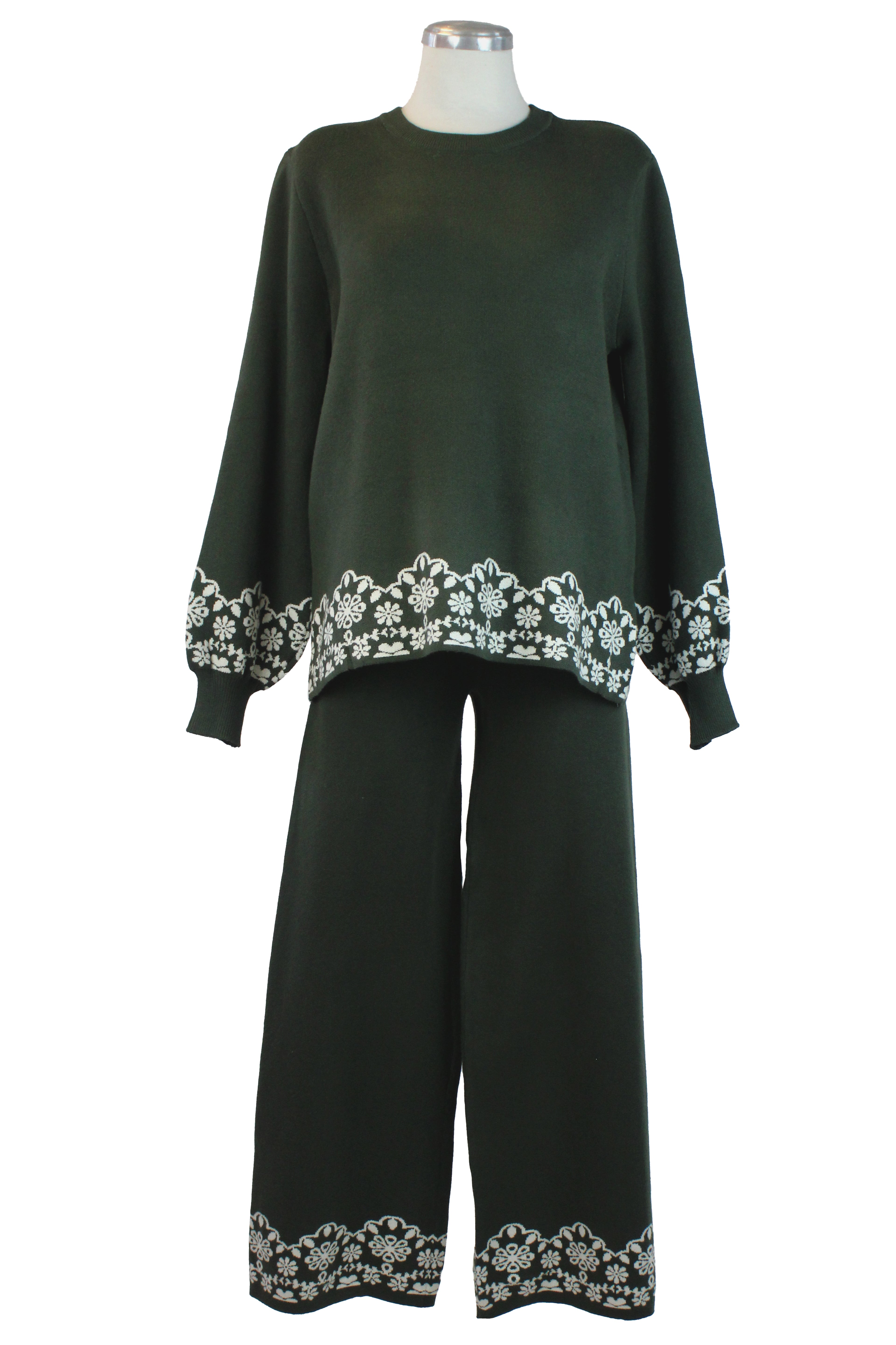 ZM-11802 Conjunto de Suéter y Pantalón con Orilla Encaje Flores