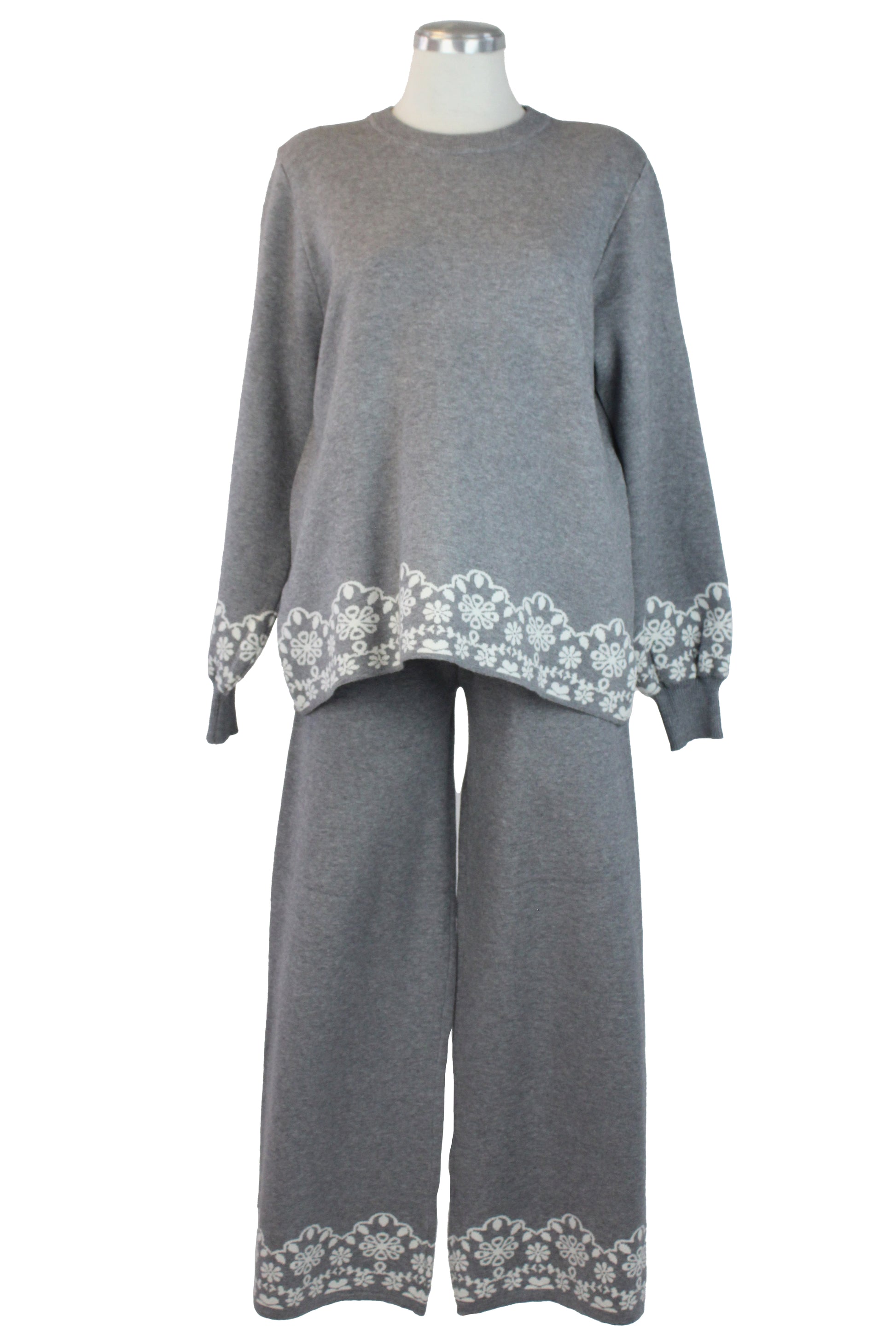 ZM-11802 Conjunto de Suéter y Pantalón con Orilla Encaje Flores