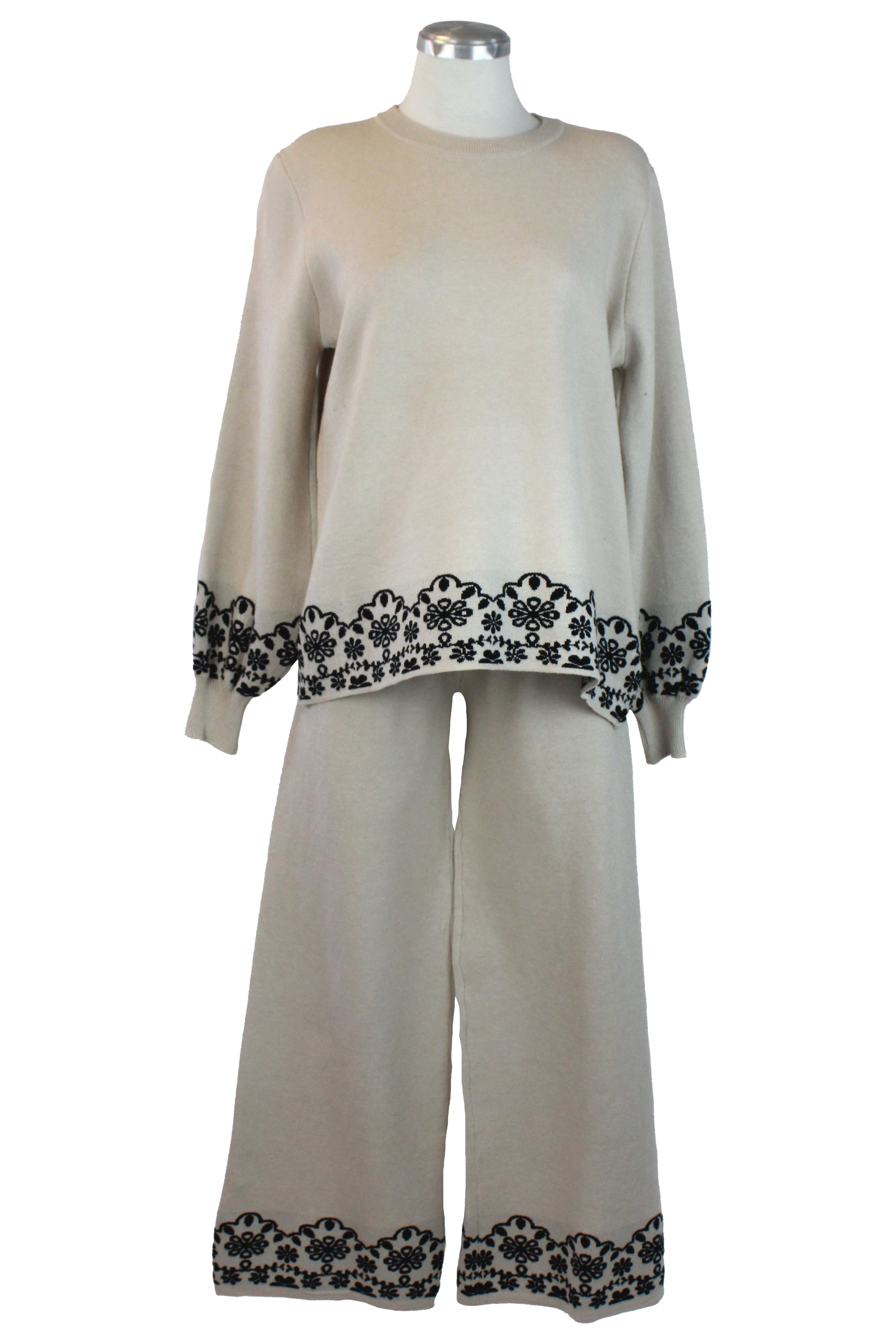 ZM-11802 Conjunto de Suéter y Pantalón con Orilla Encaje Flores