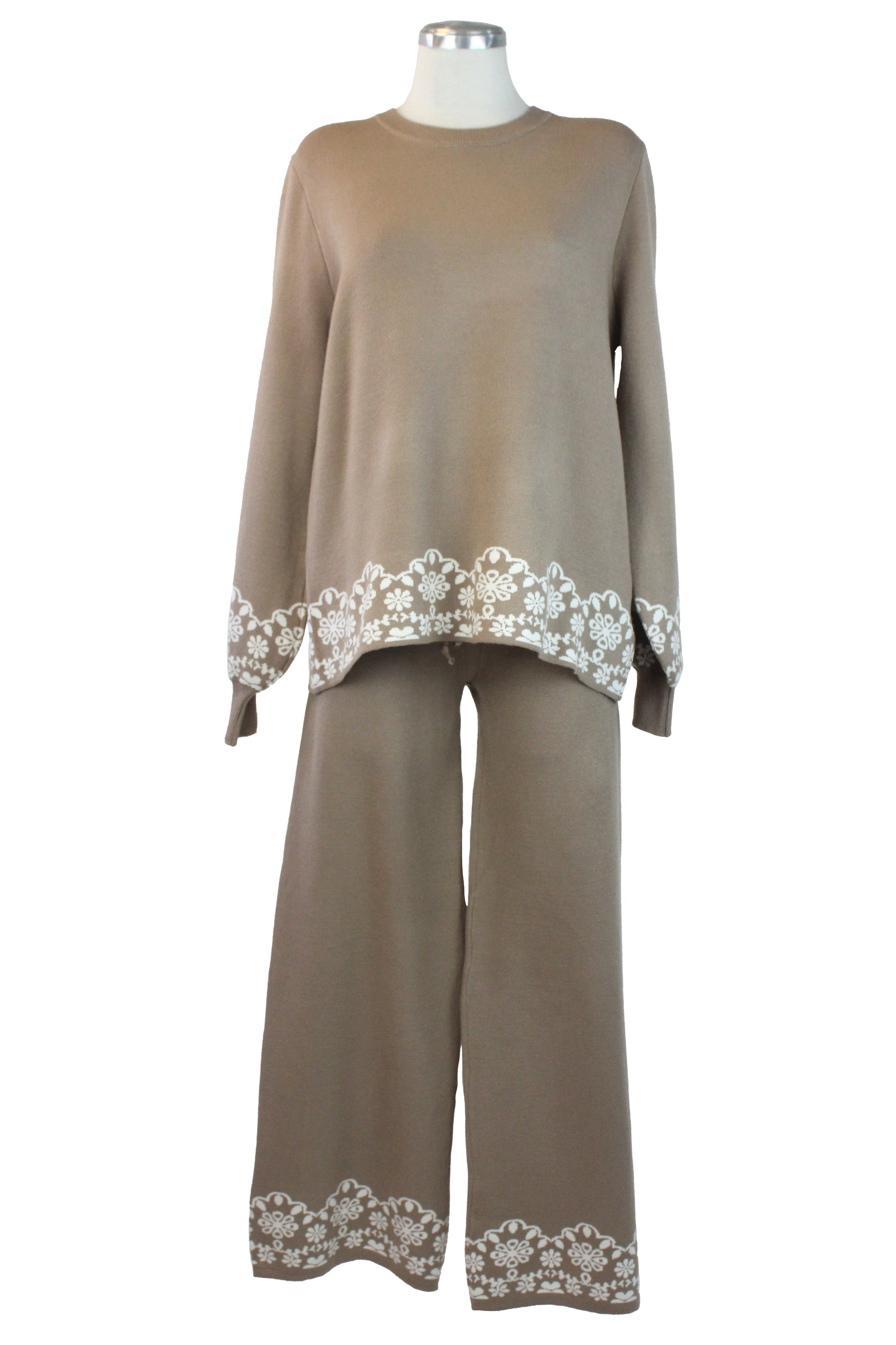 ZM-11802 Conjunto de Suéter y Pantalón con Orilla Encaje Flores
