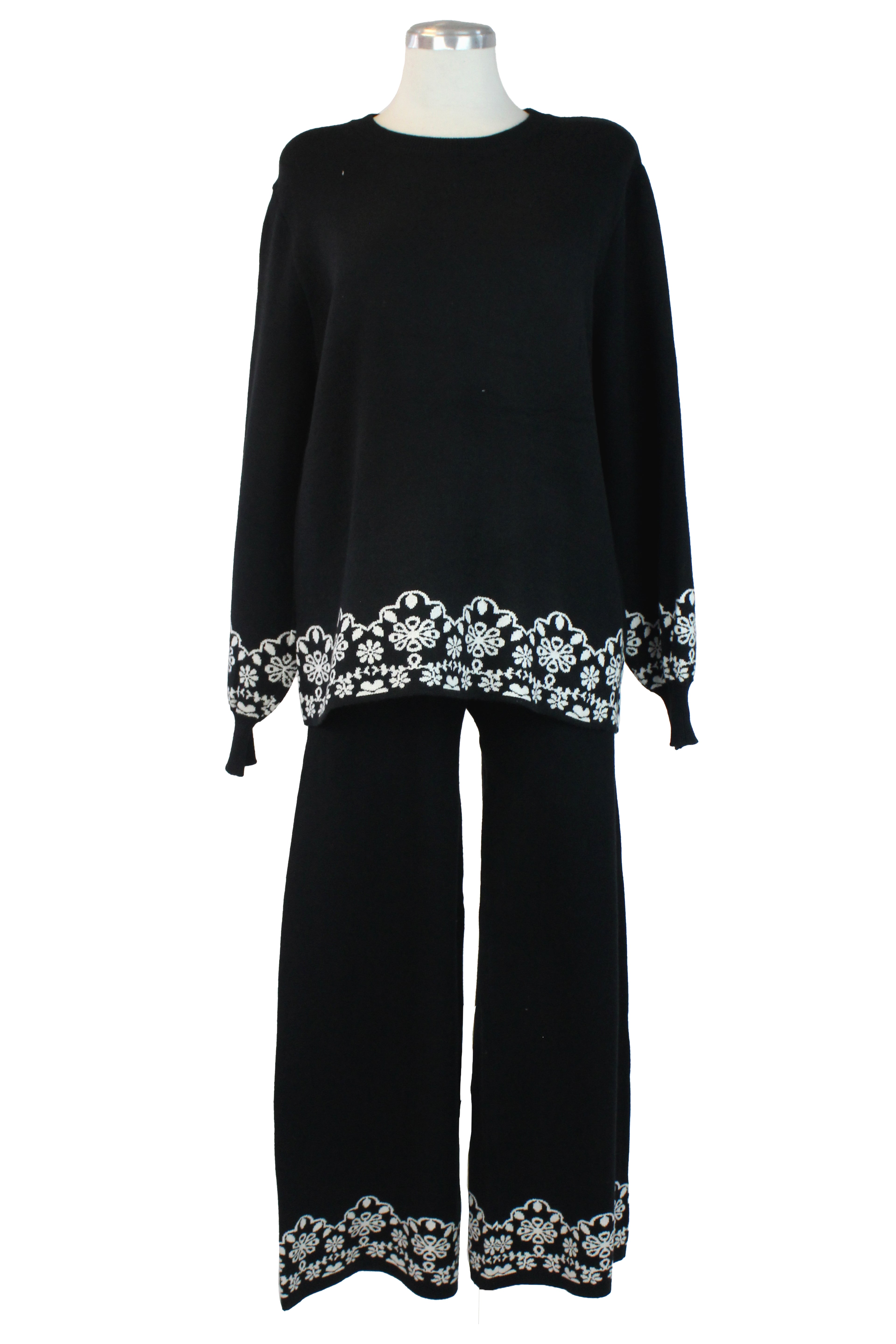 ZM-11802 Conjunto de Suéter y Pantalón con Orilla Encaje Flores
