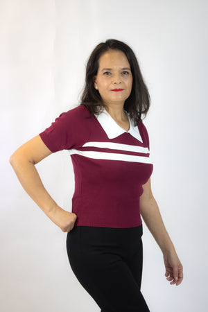 M-1086 Blusa Corta de Cuello Tipo Camisa y Dos Franjas
