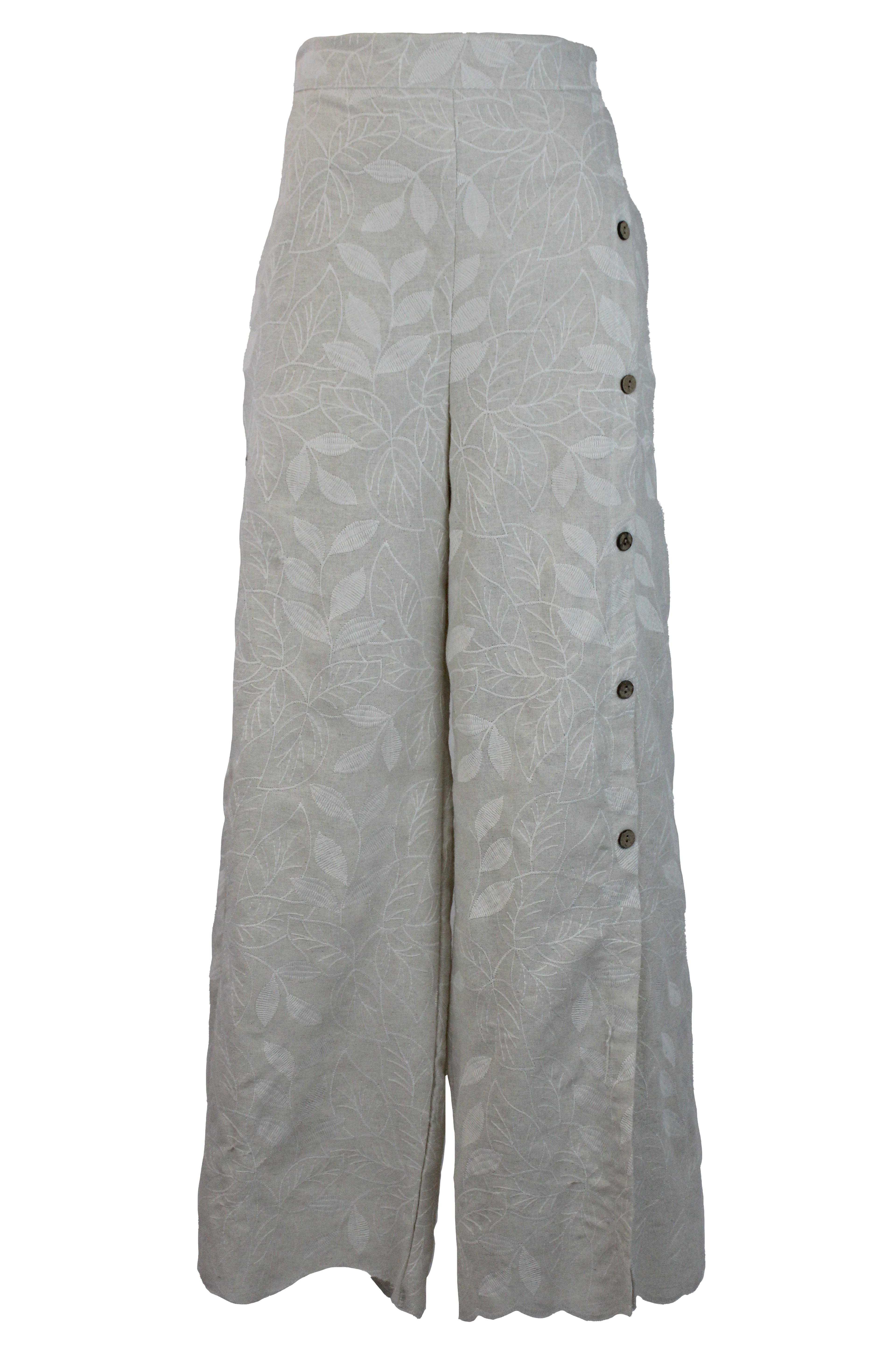 12590 Pantalón Bordado Hojas Cintura Alta