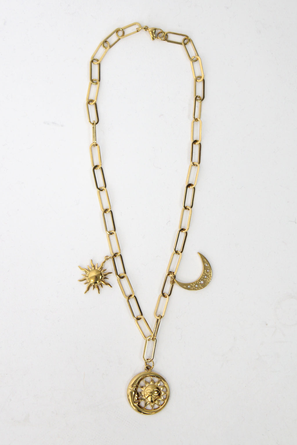 COSLU Collar Maxi Eslabones Dijes Sol y Luna Brillos