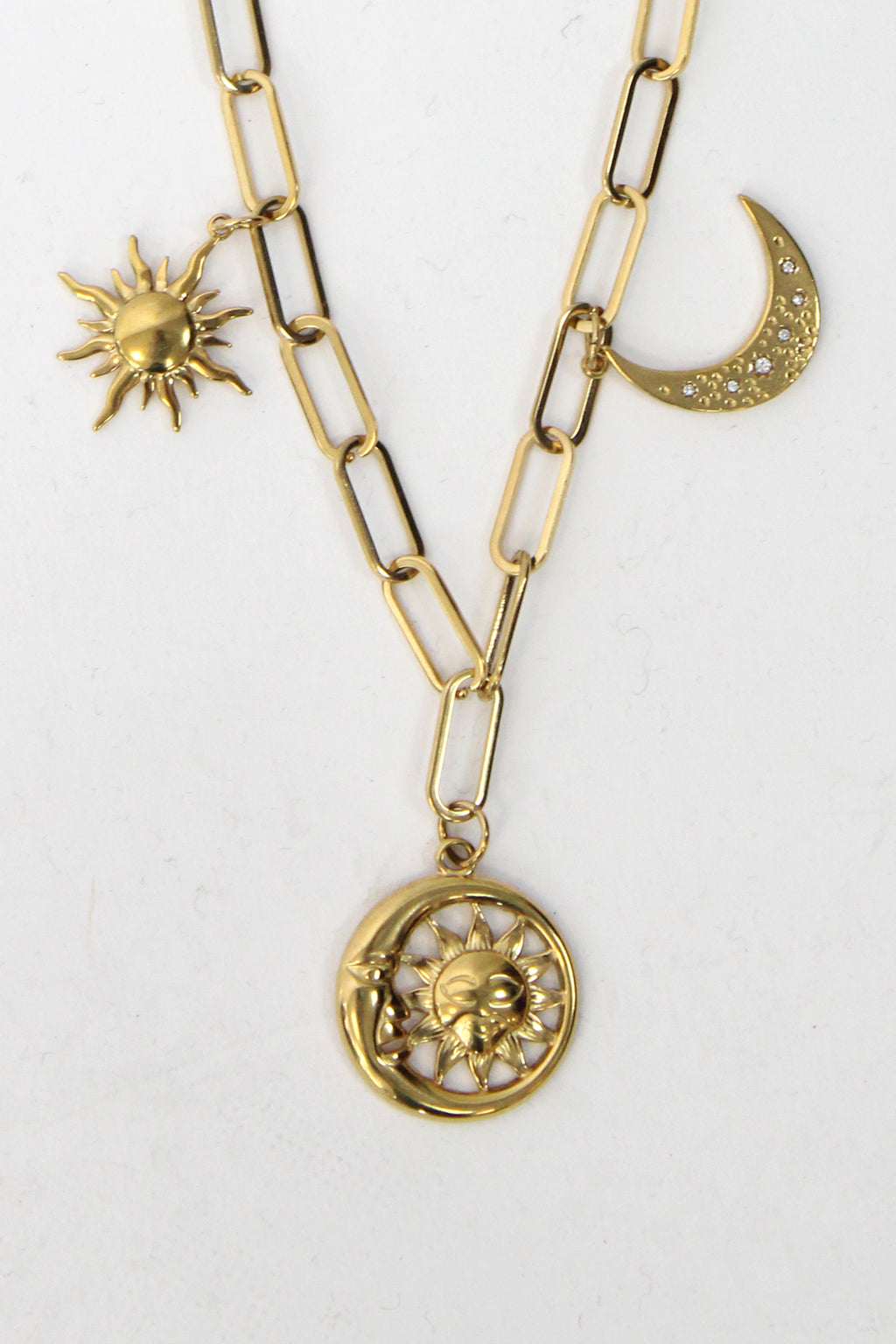 COSLU Collar Maxi Eslabones Dijes Sol y Luna Brillos