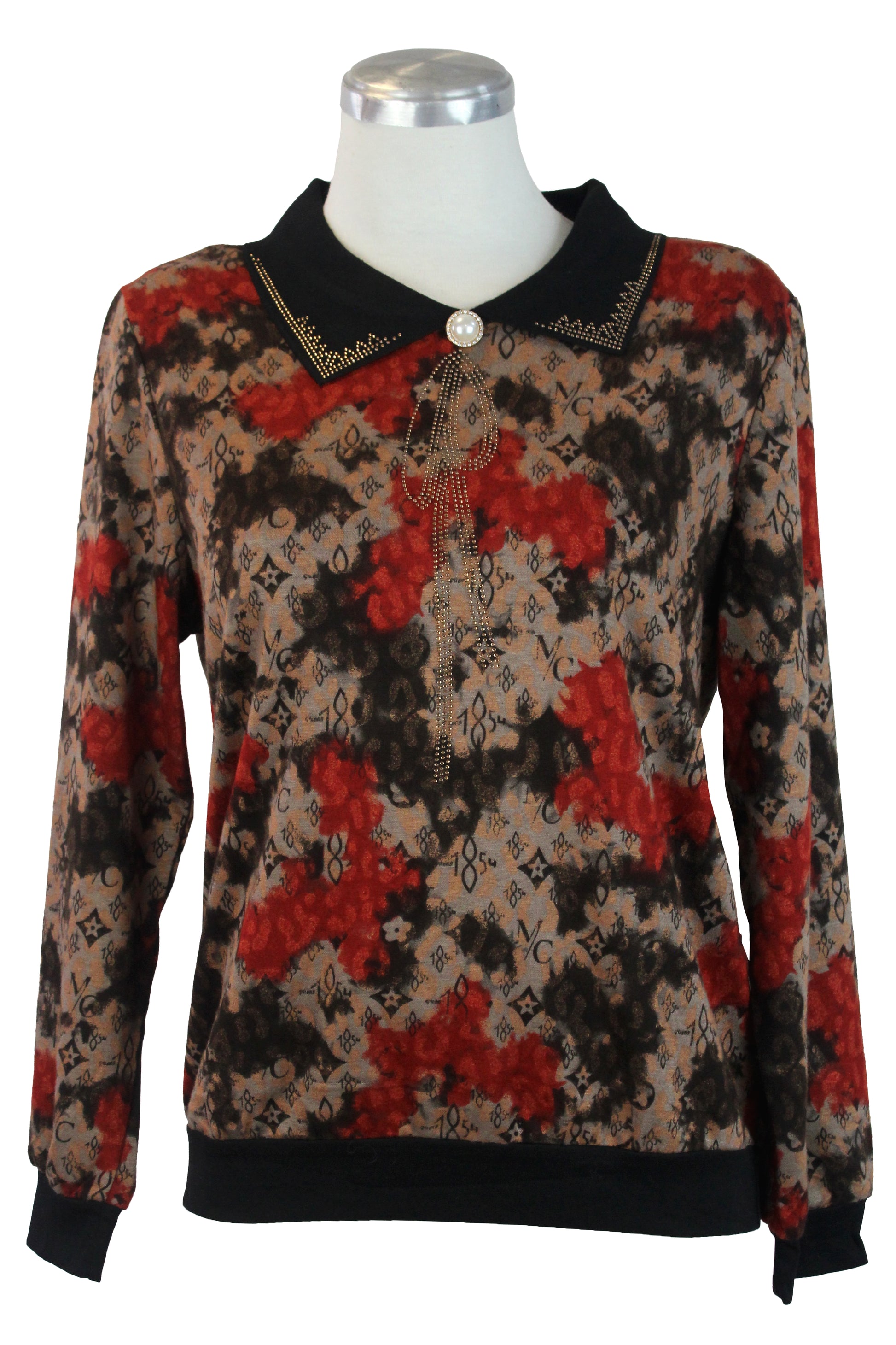 B217 Blusa Manga Larga Estampada Con Perla En Cuello