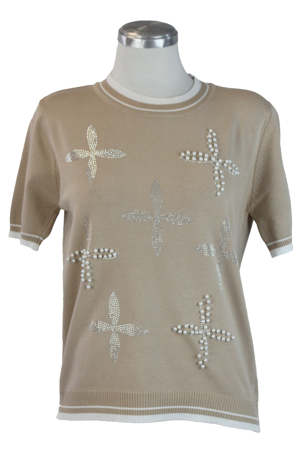 M1105 Blusa con Franjas y Flores de Brillos y Perlas