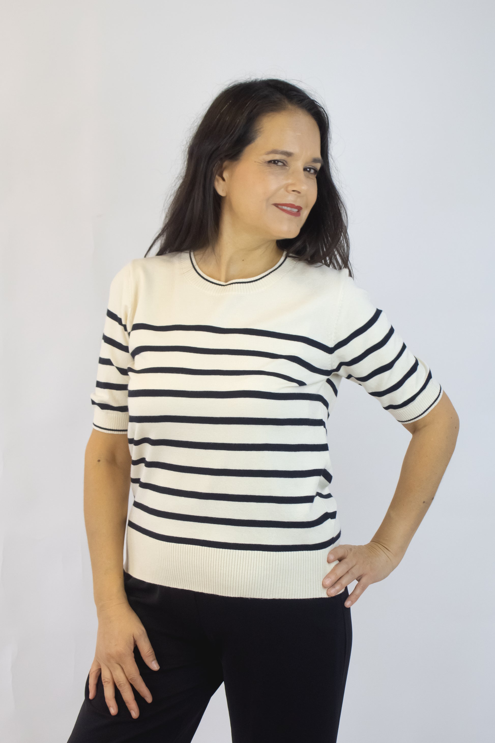 5628 Blusa Rayada Manga 2/4 Cuello con Franja