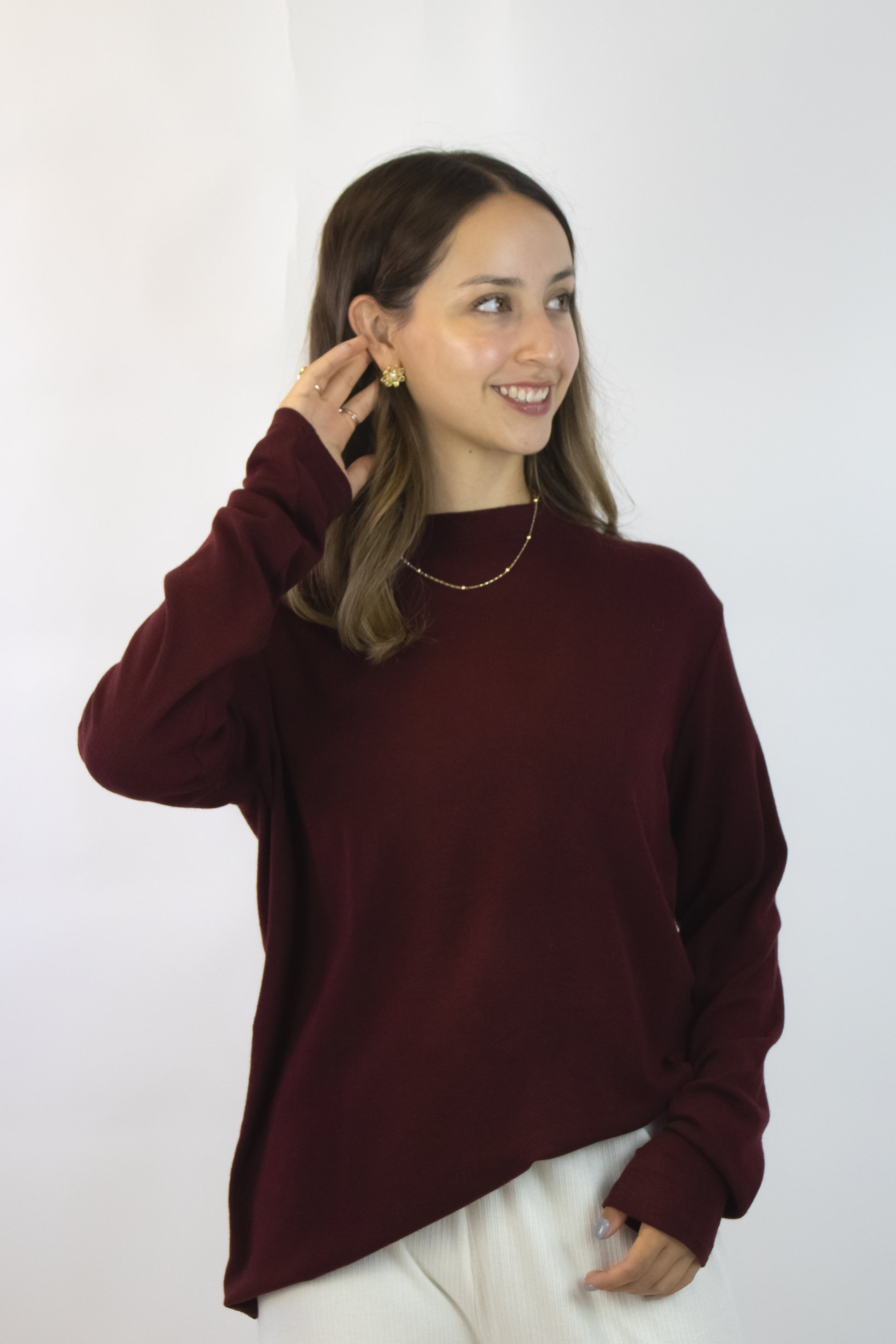 T3259-1 Blusa Lisa Manga Larga Cuello Redondo