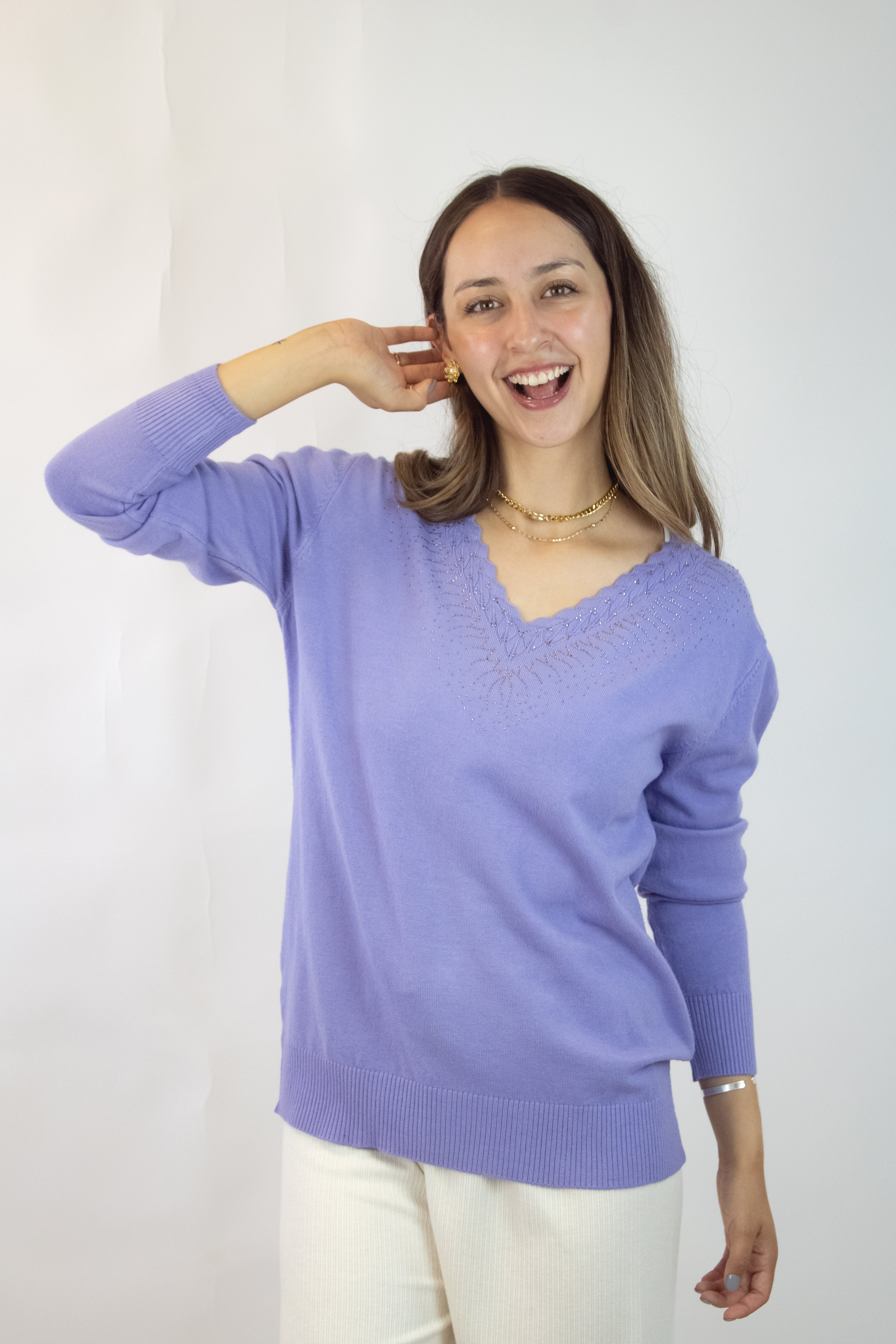 22655-4 Suéter Liso Cuello V Con Brillos