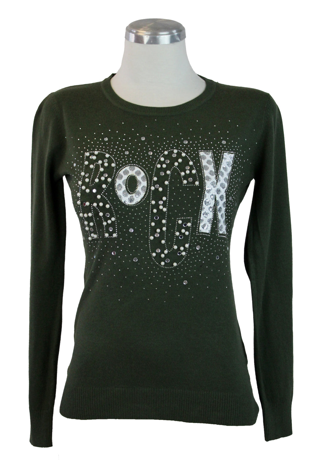 OJ-2786M Blusa Tipo Suéter Frase ROCK con Pedrería