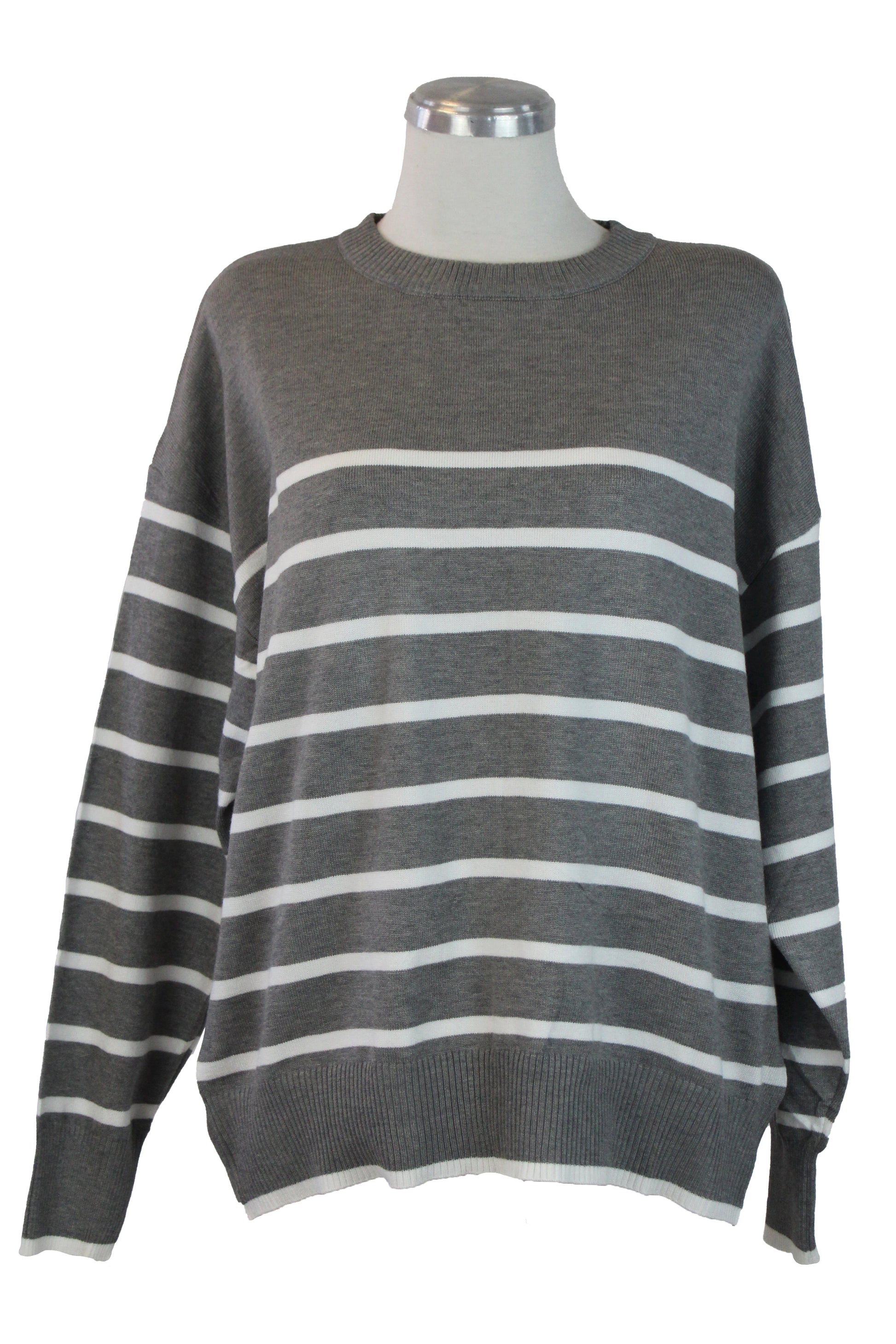 QQ856 Suéter Con Líneas Horizontales Cuello Redondo