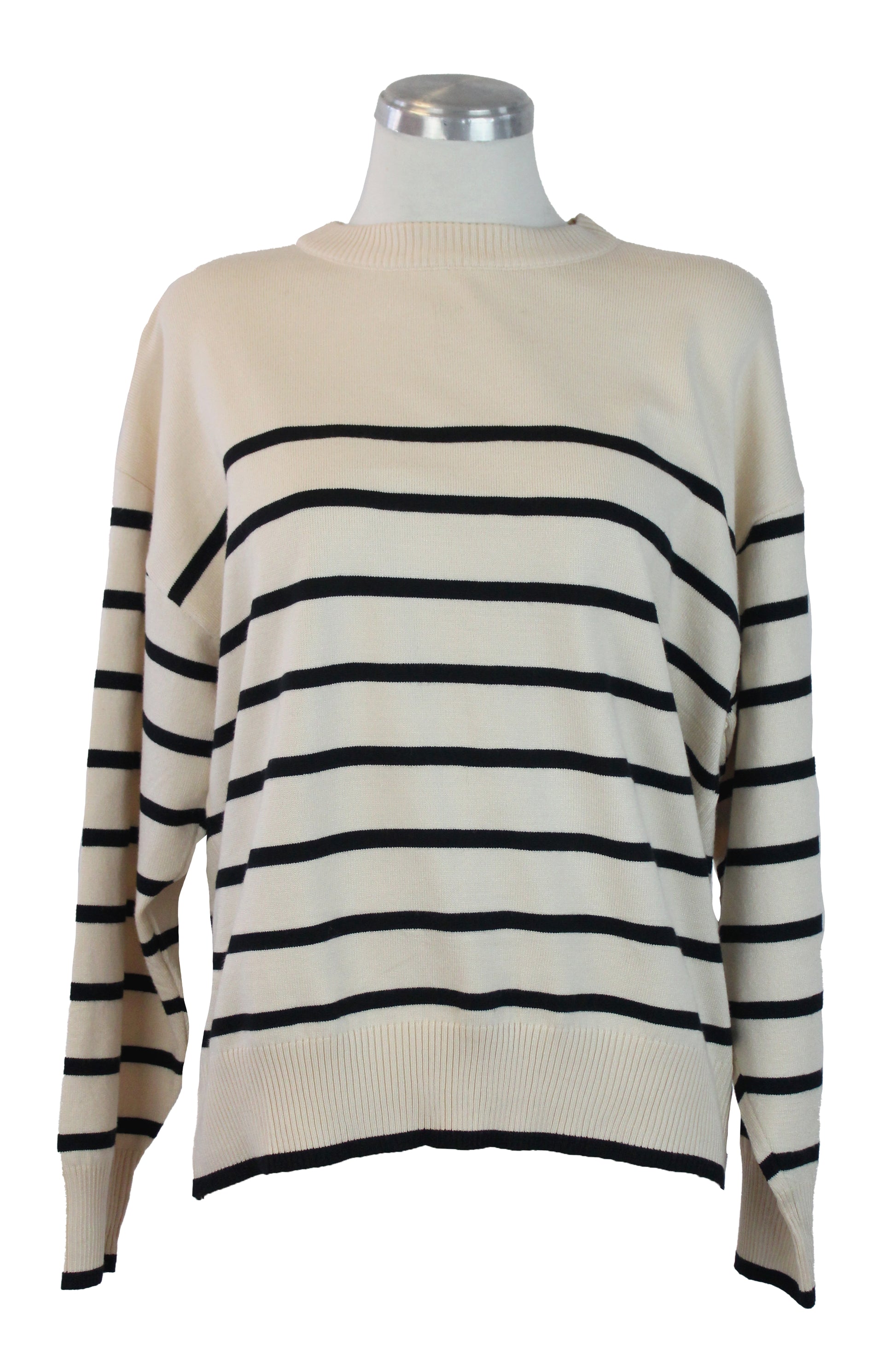 QQ856 Suéter Con Líneas Horizontales Cuello Redondo