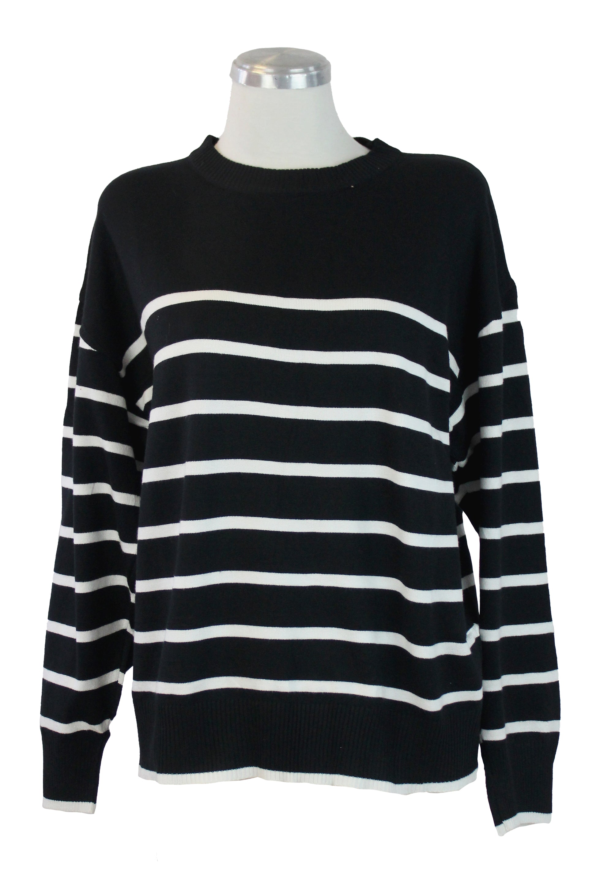 QQ856 Suéter Con Líneas Horizontales Cuello Redondo