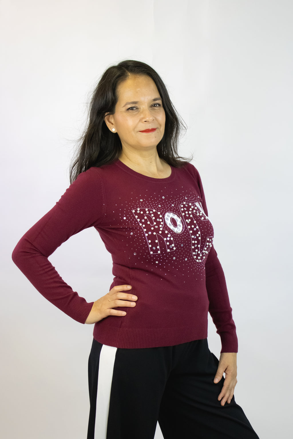 OJ-2786M Blusa Tipo Suéter Frase ROCK con Pedrería