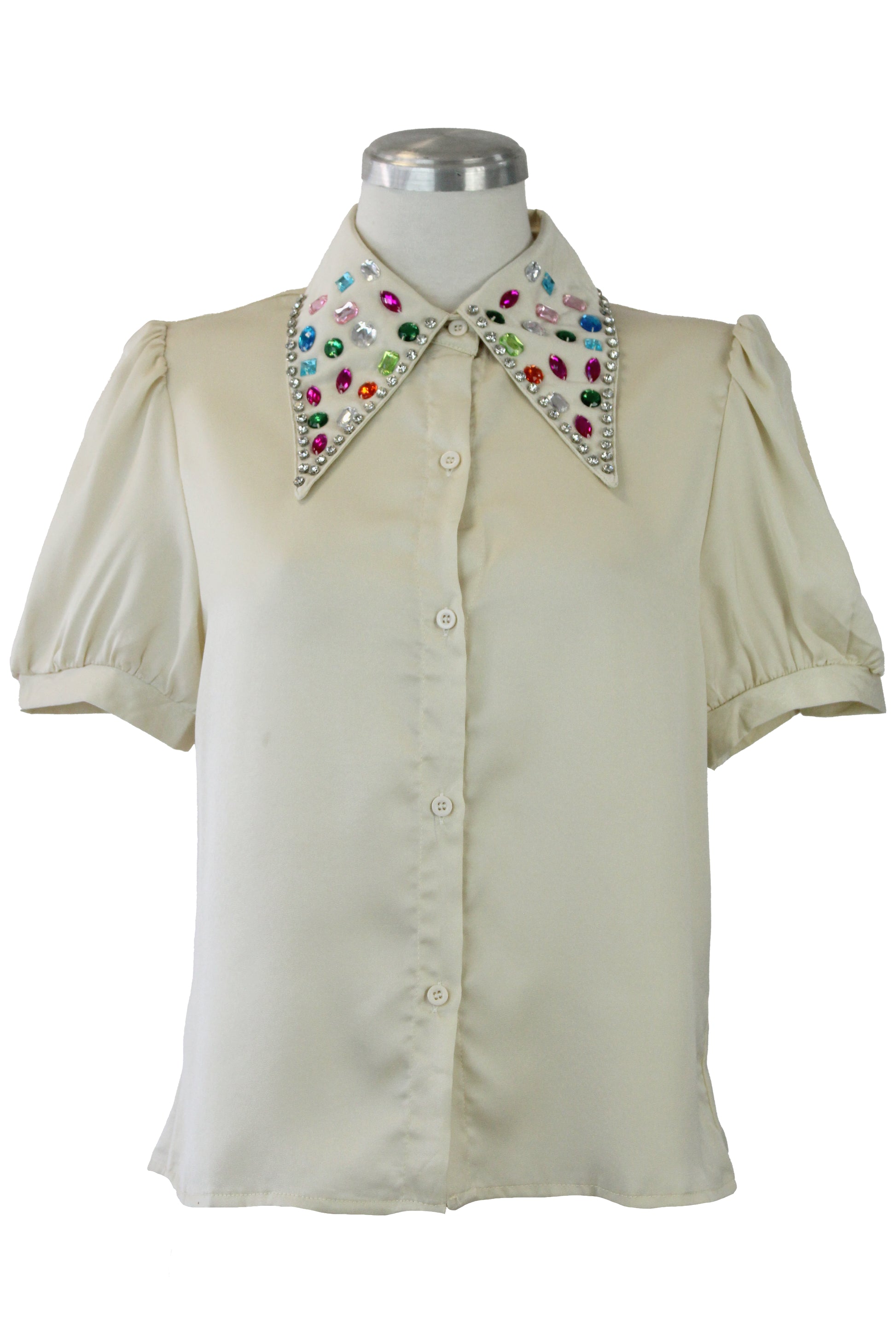 CH6603 Blusa Camisera Satin Cuello Picos Pedreria